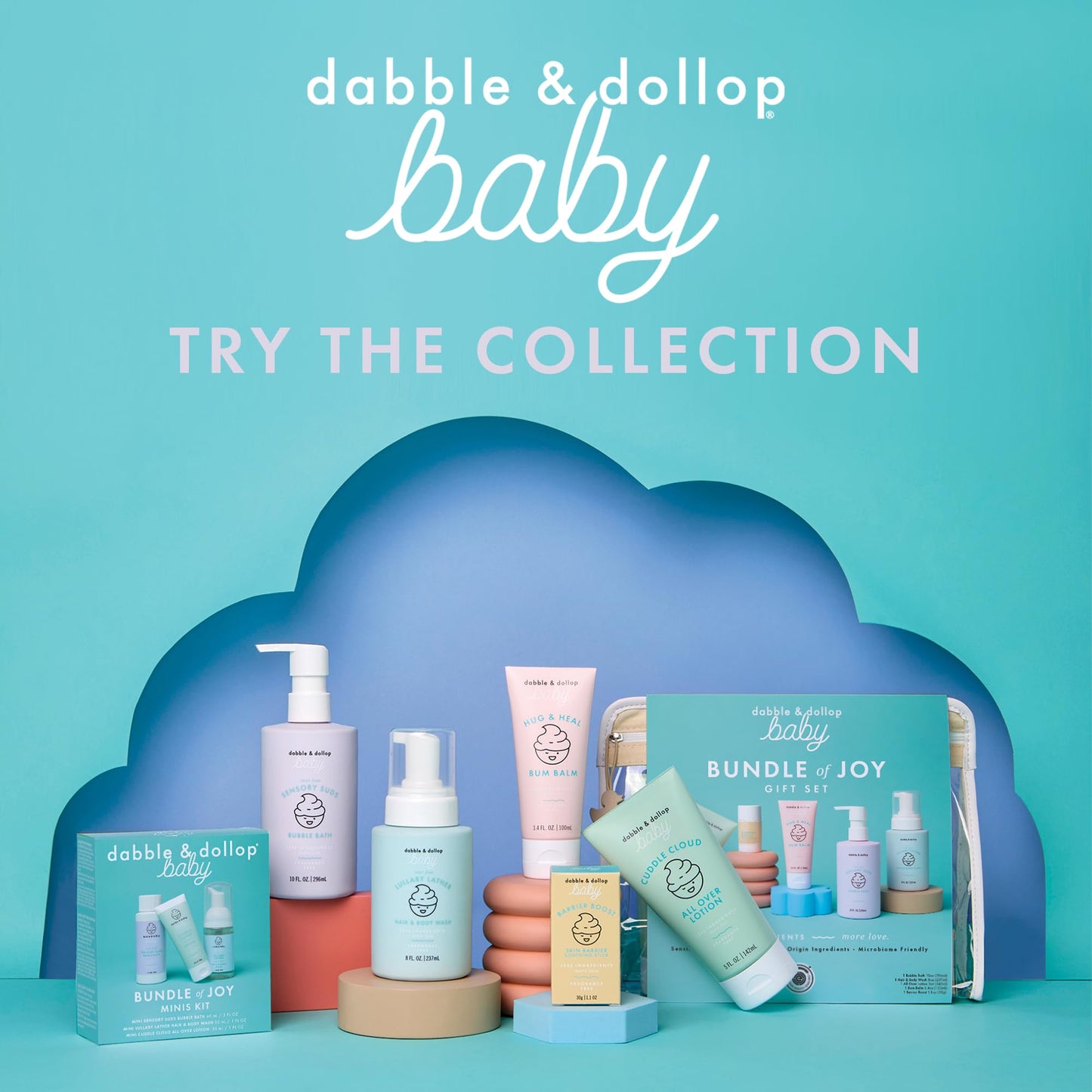 Dabble & Dollop Baby Minis Kit – Fragrance-Free, Tear-Free Shampoo & Body Wash, Bubble Bath and All Over Lotion, Travel Size Baby Toiletries or Gift Set for Newborns & Sensitive Skin