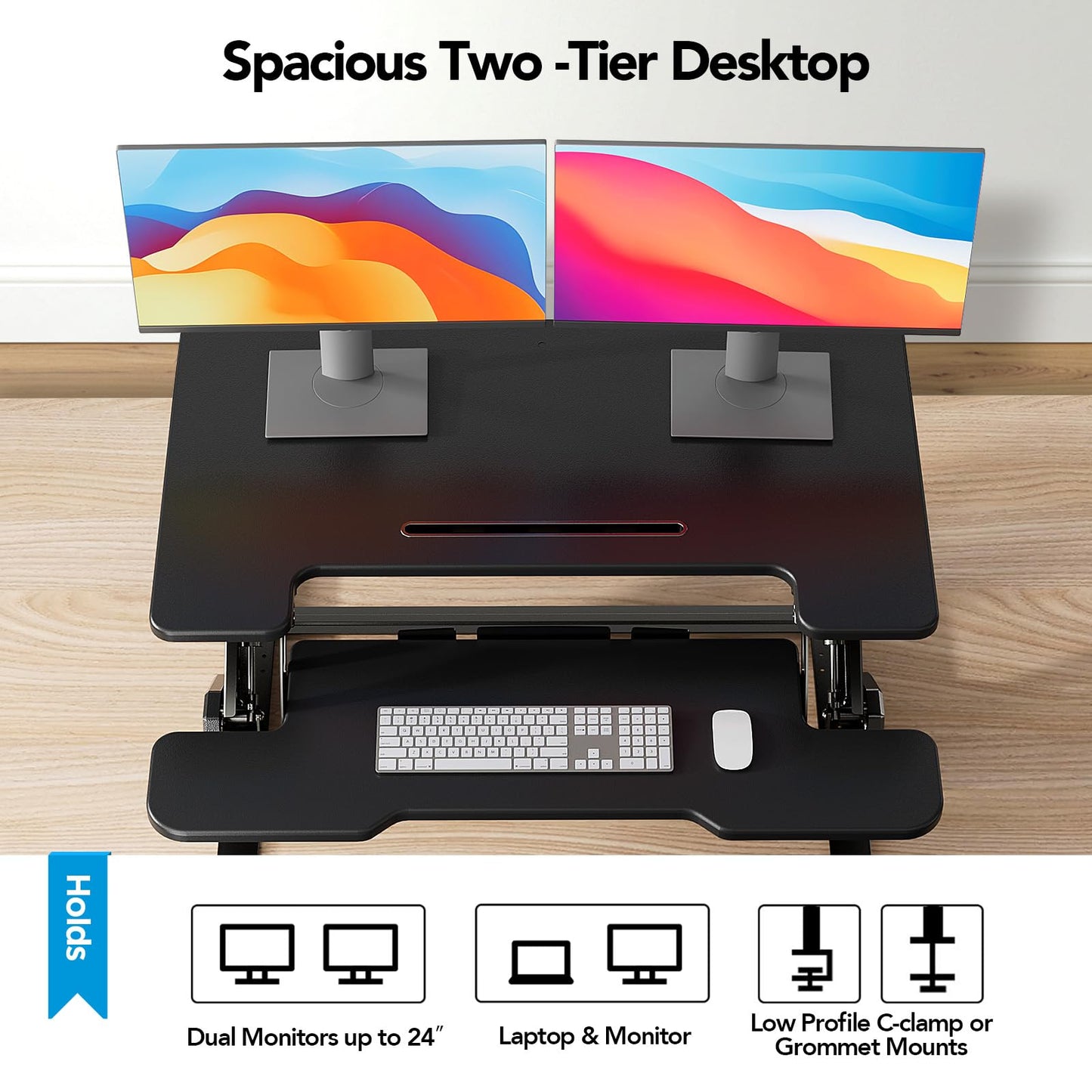 HUANUO 36" Z Shaped Stable Standing Desk Converter, Height Adjustable Sit Stand Up Desk Riser, Dual Monitor and Laptop Workstation with Wide Keyboard Tray, Desk Lifter for Home Office