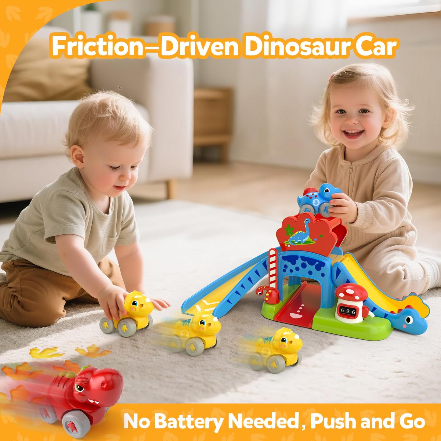 Toddler Toys for 1 2 Year Old Boy Gifts - Educational Dinosaur Slide Set with 4 Color/Number Push Cars and Playmat, Montessori Learning Toy for Baby 12-18 Months, 1st Birthday Present Ages 1-2, Red