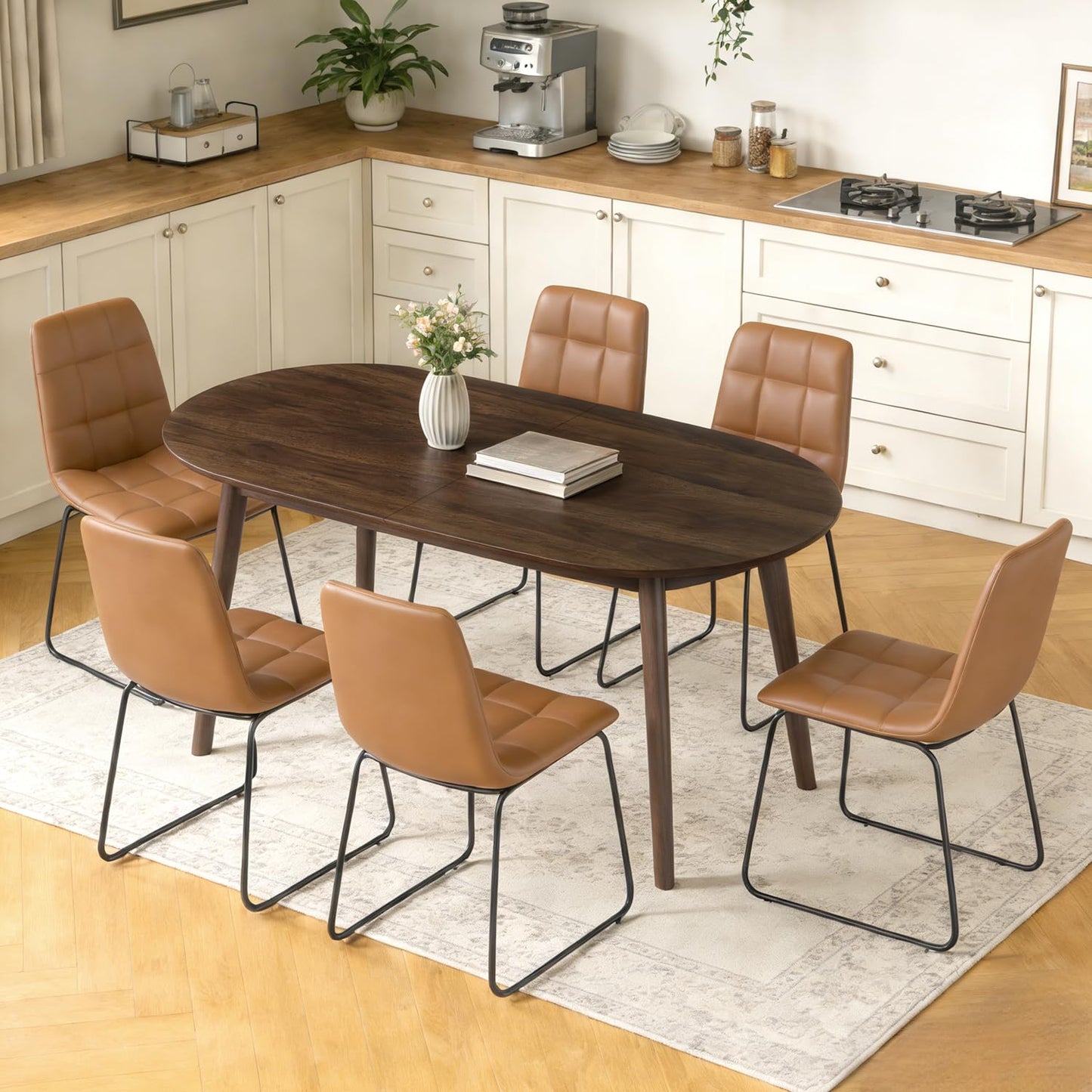 63" Oval Dining Table Set for 6, 7 Piece Modern Dining Table Set for Kitchen and Dining Room, Solid Wood Legs Dining Table with 6 Checkered PU Leather Dining Chairs（Walnut Table+6 Brown Chairs)
