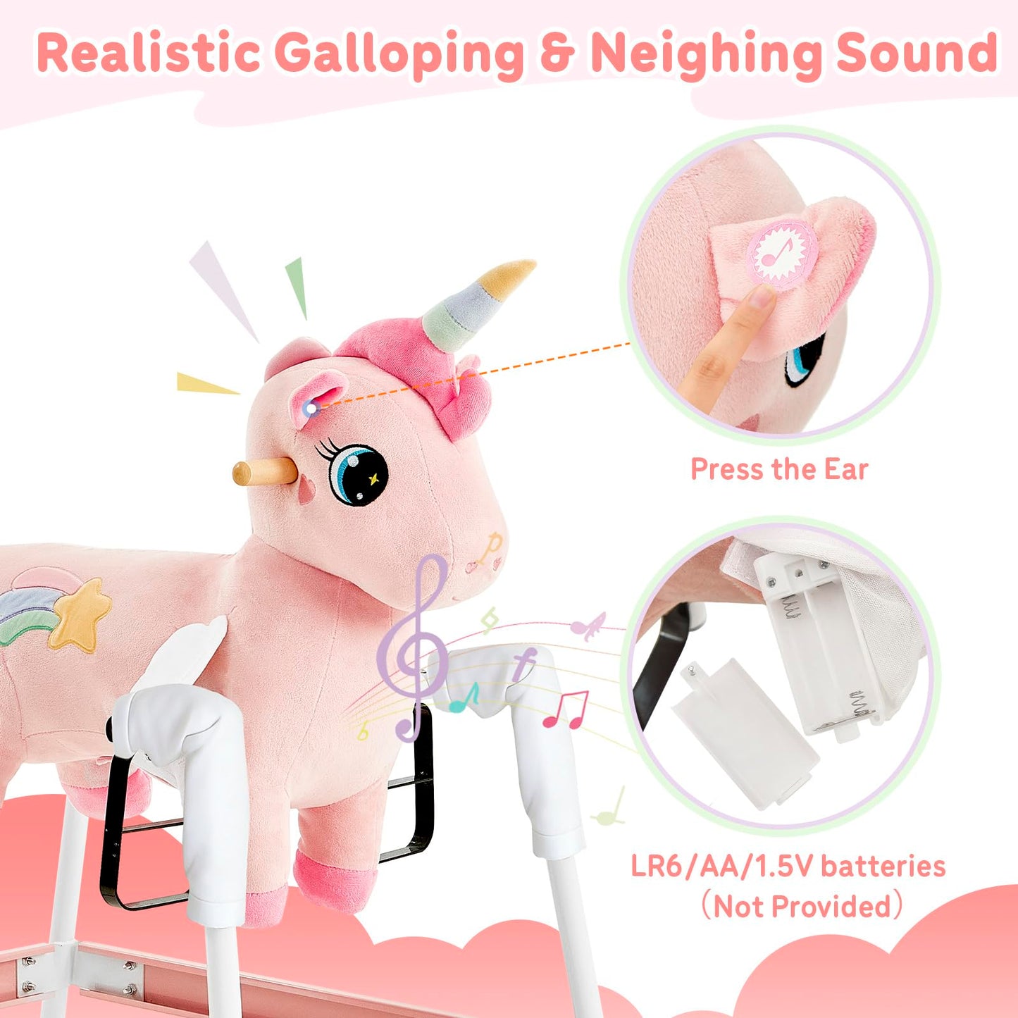 FUNLIO Unicorn Spring Rocking Horse for Kids 3-6, Rainbow Fairy Ride on Horse with Covered Spring & Sturdy Frame, Neighing & Galloping Sound for Pretend Play, Horse Toys Gift, CPC & CE Certified-Pink