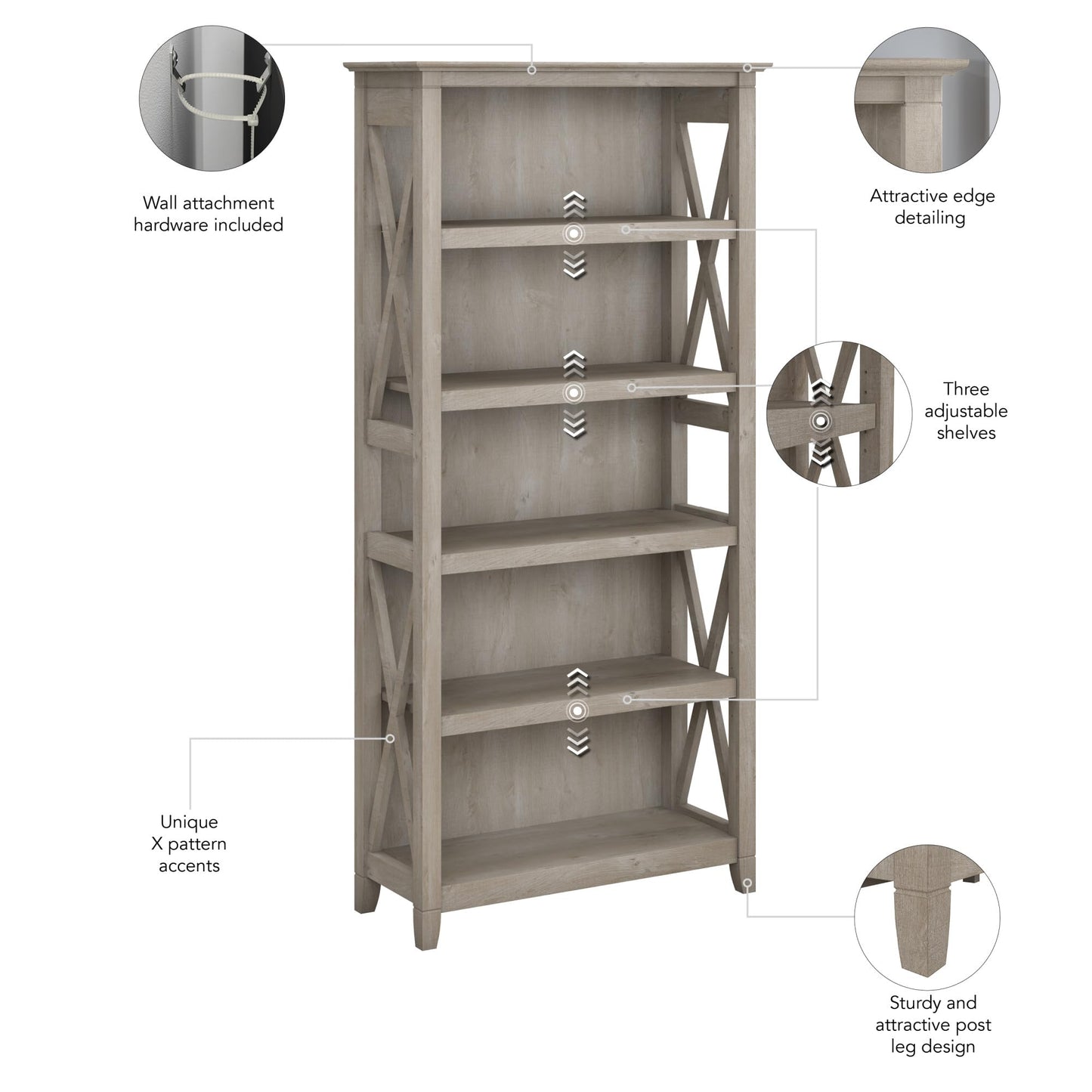 Bush Home Tall 5 Shelf Bookcase for Living Room or Home Office, Large Bookshelf, Modern Farmhouse Style, Key West Collection, Washed Gray