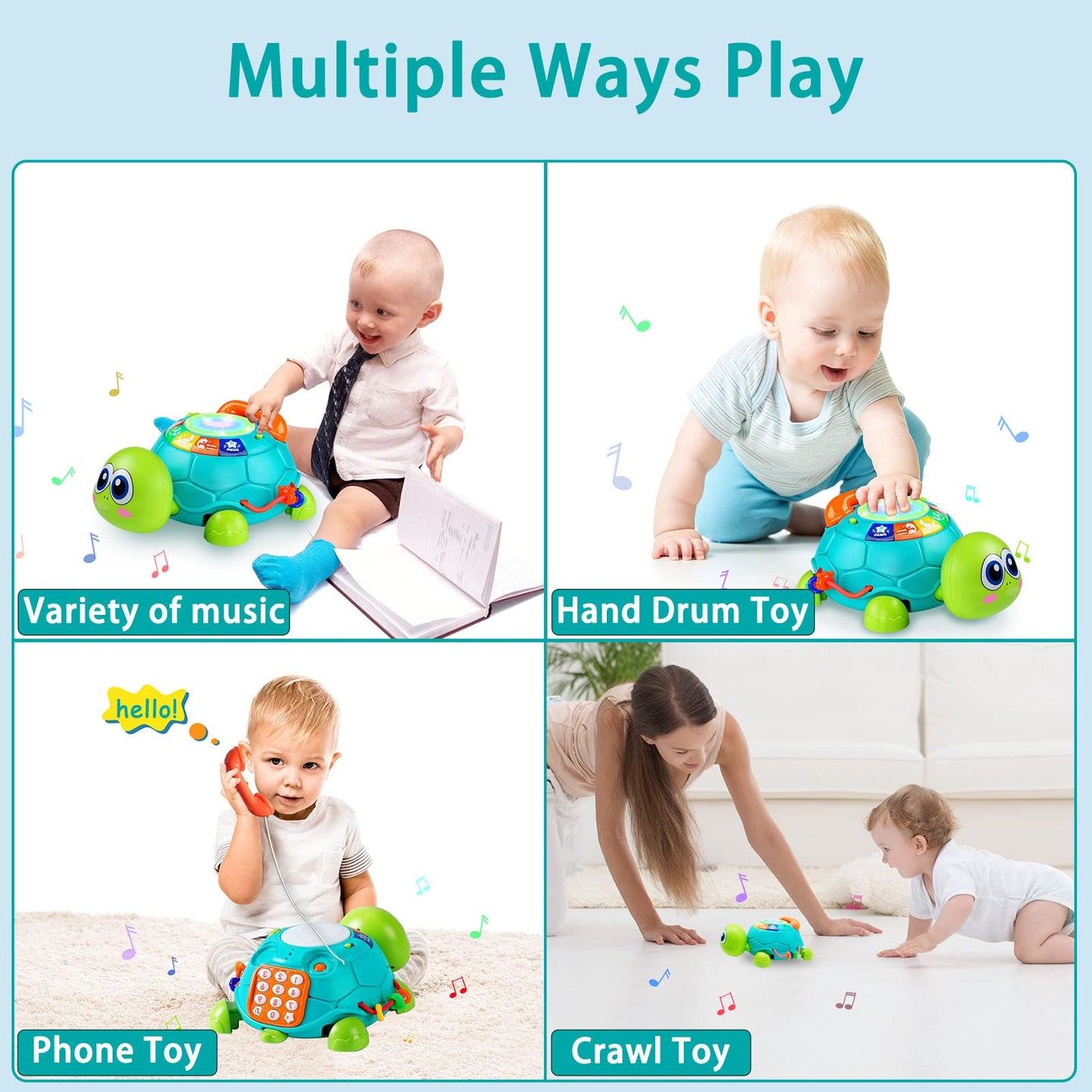 Ussybaby Baby Crawling Toys 6 to 12 Months, Infant Turtle Musical Toys with Phone Hand Drum，Baby 7 8 9 10 11 Months 1-2 Year Old Boy Girl Gift Green