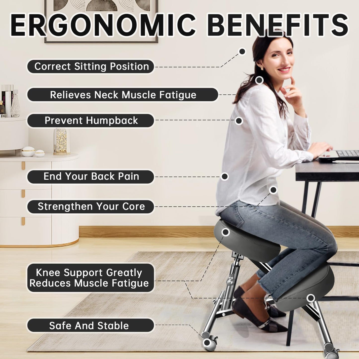 DENGTELI PU Leather Ergonomic Kneeling Chair, Adjustable Home and Office Stool with Thick Pads and Flexible Lockable Brake Wheels for Back Pain Relief(Black)