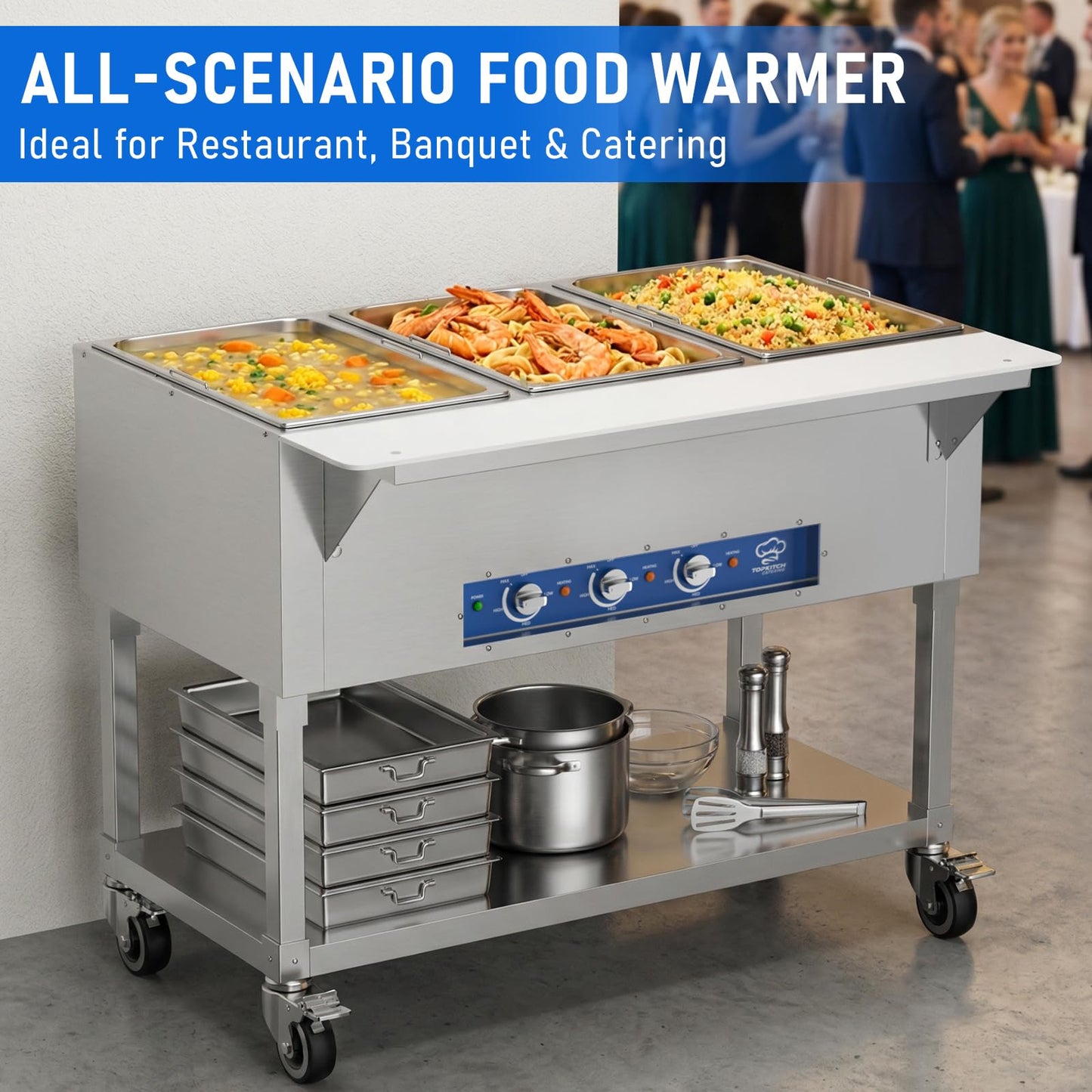 TOPKITCH Commercial Electric Food Warmer Soup Station - 3 Independent 19.5L Pans with German EGO Thermostat, Rolling Stand with Adjustable Shelves for Restaurant, Catering, Party