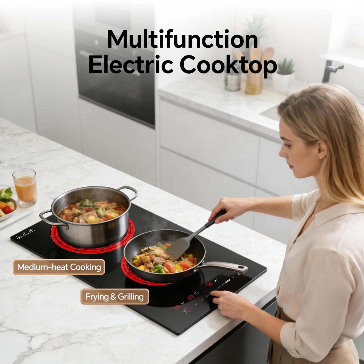 Ranein Electric Cooktop with 2 Burners, 12 inch 3000W 240V Ceramic Panel Electric Cooktop, Multiple Safety Protections Stove, Touch Screen