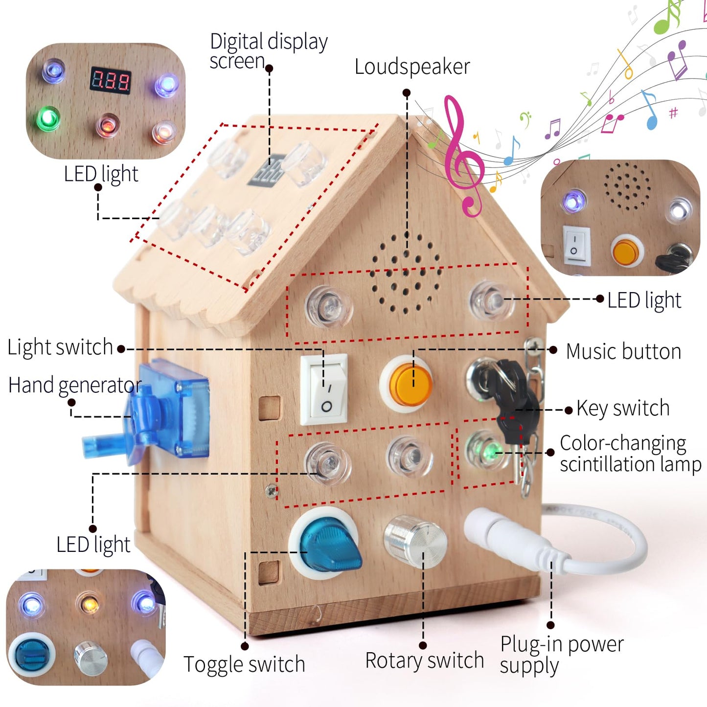Dinhon Sound and Light Busy House Wooden Montessori Busy Board, Light Switch Games Toddler Sensory Toys Montessori Toys for 3+ Year Old Gifts for Boys and Girls