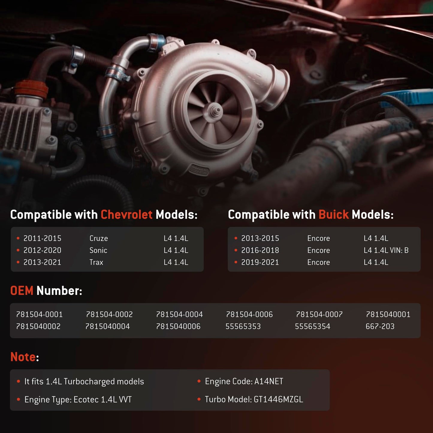 HYR Turbo Turbocharger and Complete Installation Kits Compatible with 1.4L Chevy Chevrolet Cruze 2011-2015, Trax 2013-2021, Sonic 2012-2020, Buick Encore 2013-2021, Turbo Charger Replace 55565353