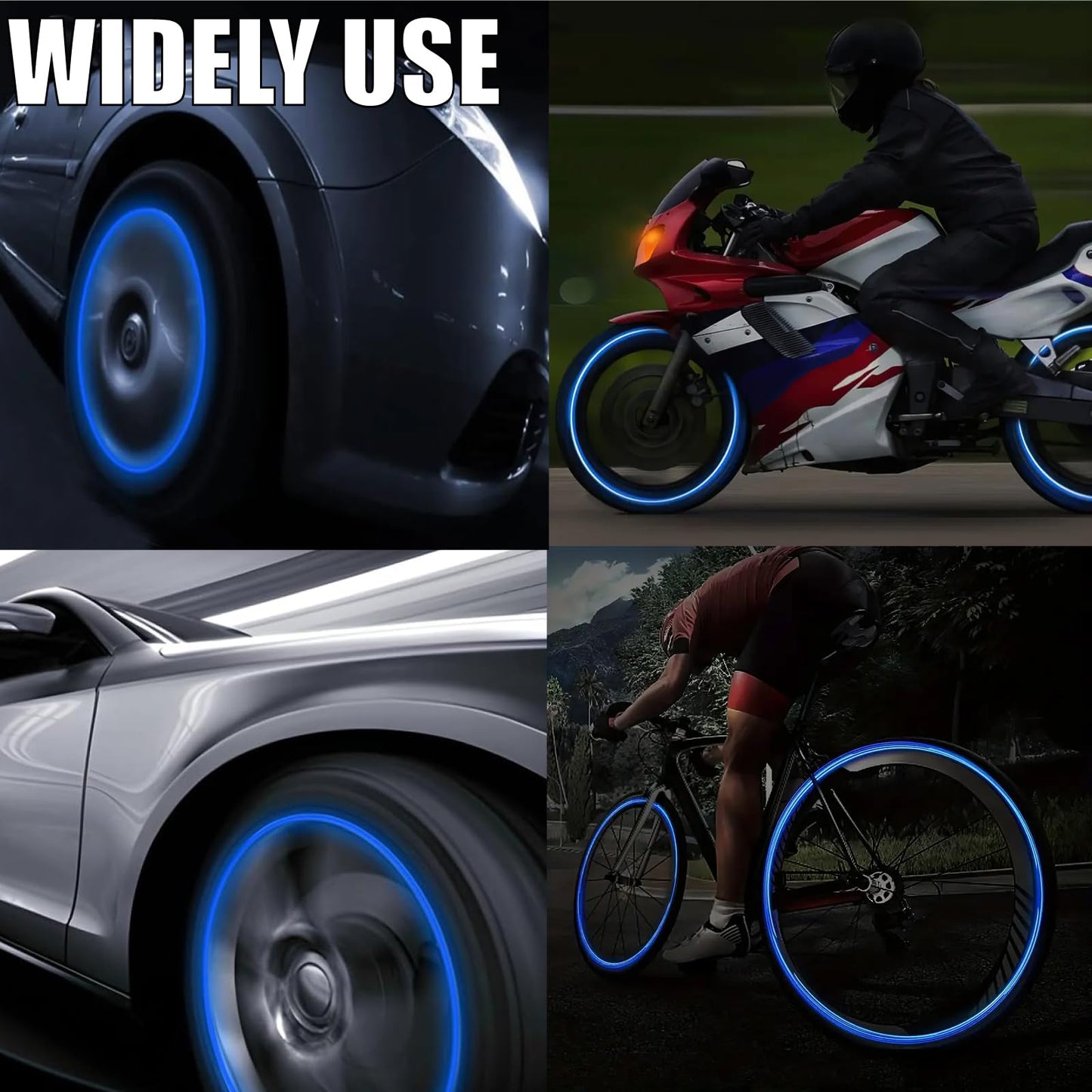 MEAJOO 4PCS Fluorescent Tire Valve Stem Caps, Luminous Car Tire Air Cap, Corrosion Resistant Leak-Proof Wheel Valve Cover, Universal for Cars, Trucks, Bikes, Motorcycles, Bicycles(Blue)