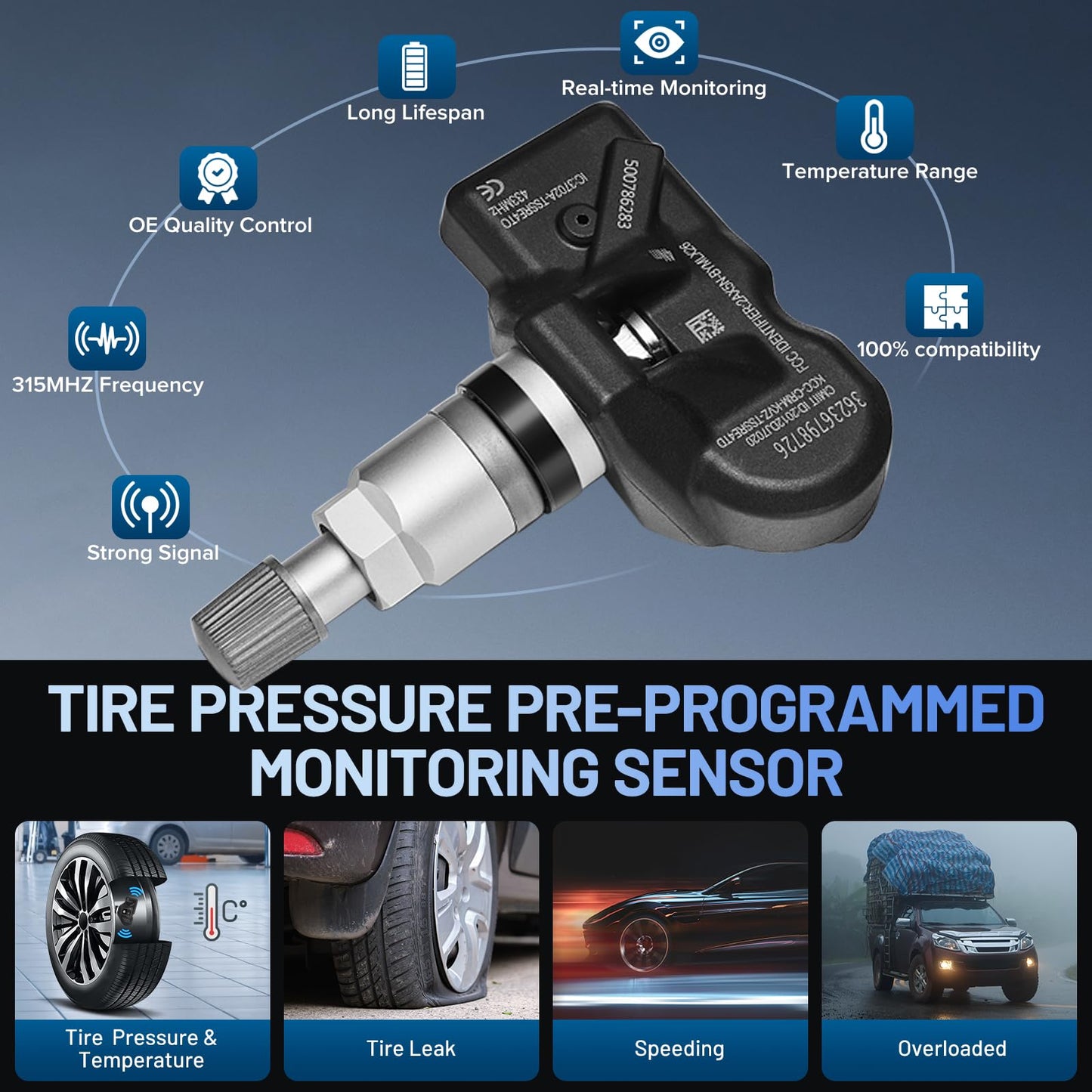 SYKRSS TPMS Sensor 36236798726 for GM 433MHz Tire Pressure Monitoring Sensor Compatible with BMW, Compatible with Audi, Compatible with Martin Compatible with Bentley Replaces 7PP907275F (4 Pack)