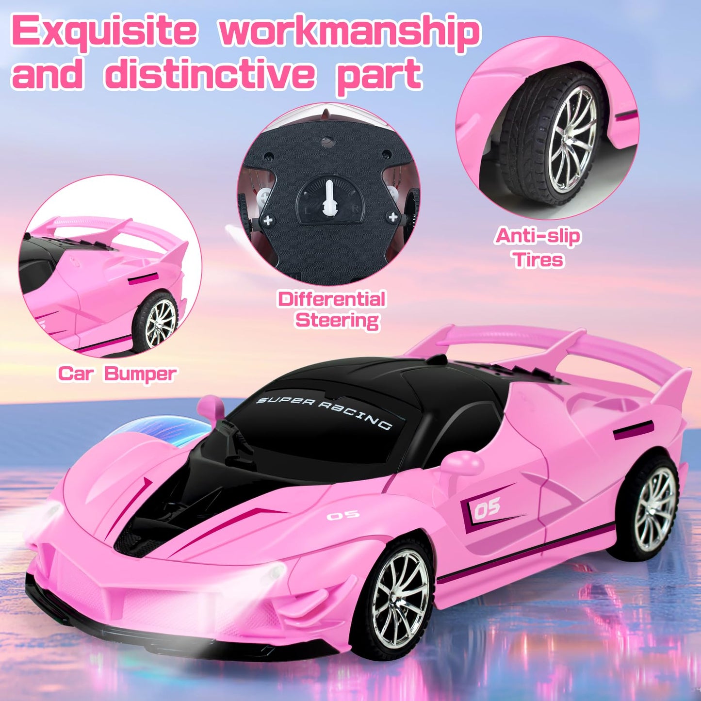 Bloolilies Remote Control Car for Girls, 1:18 Scale Hobby Rc Cars Toys for Kids Toddlers Age 3 4 5 6 7 8-12 Year Old- Model Sports Racing Car with Headlights Birthday Gift, Pink