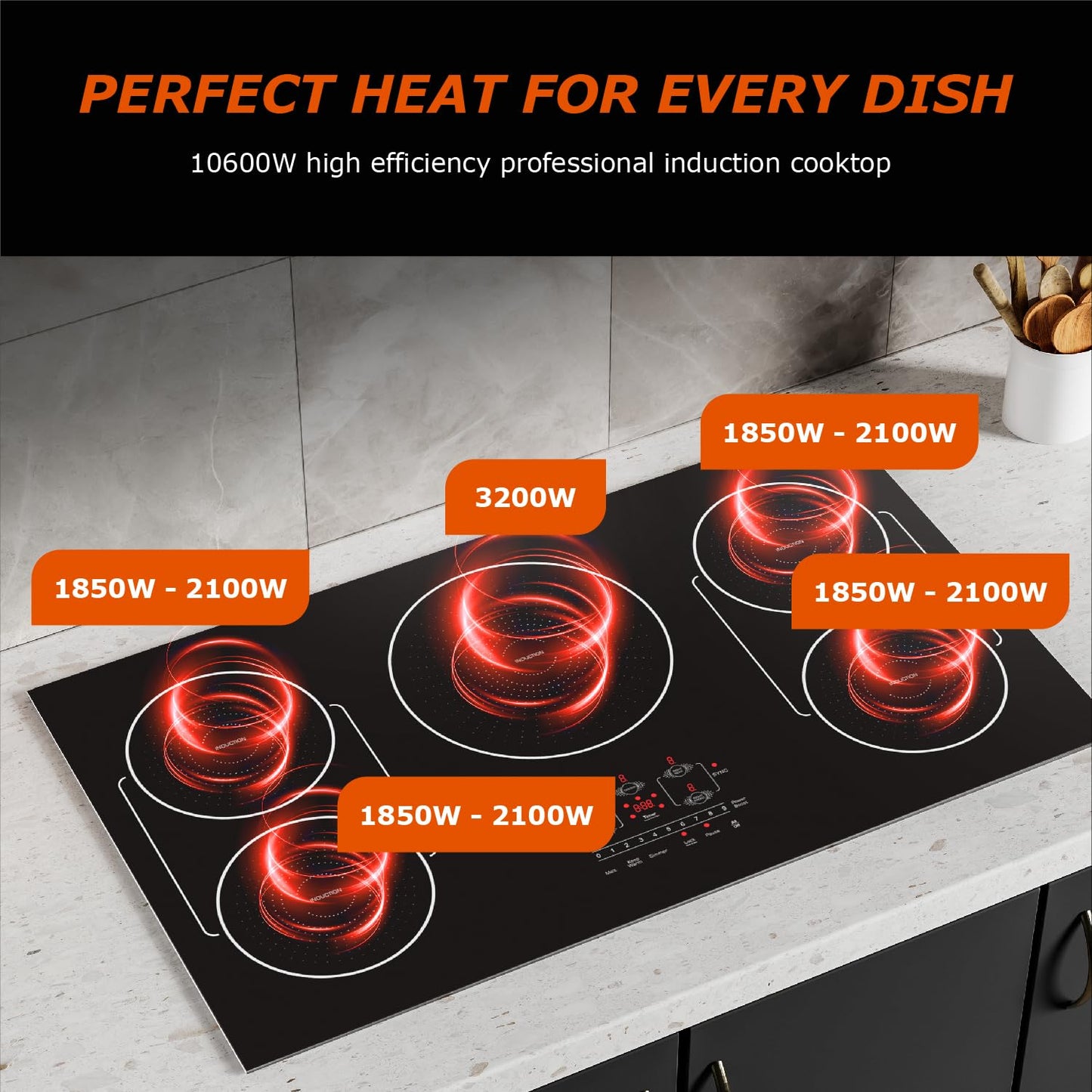 BIGoods 36 Inch Induction Cooktop 5 Burners, Flat Glass Top Electric Stove Hob with Bridge-SYNC, 3 Preset Modes Booster, Timer, Pause, Child Lock, Drop in, 208~240V/50A, Black