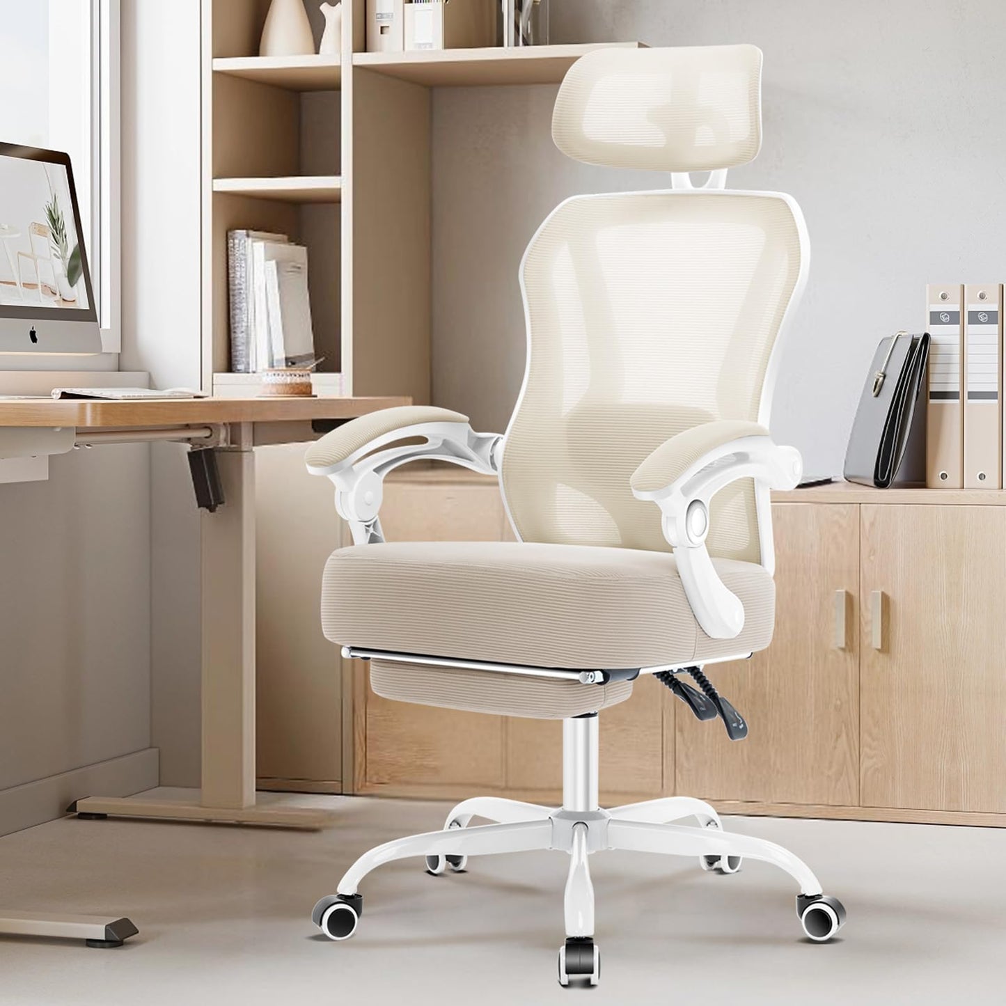 Ergonomic Office Chair with Footrest,Ultra Thick Reclining Desk Chair with Adjustable 2D Lumbar Support and Headrest,Spring Cushion,High Back Premium Mesh Computer Chair,Cream