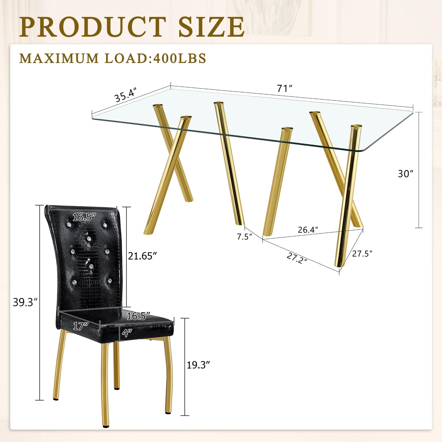 Vohward 71" Tempered Glass Dining Table Set for 6, 7 Piece Glass Dining Room Table Set with 6 Black Upholstered Chairs, Gold Metal Legs Modern Rectangular Kitchen Table and Chairs Set for Home