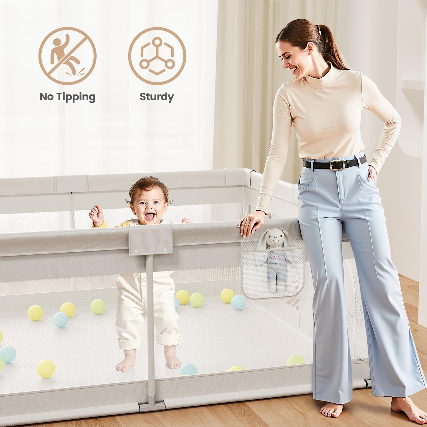 ZEEBABA Extra Large Baby Playpen - Playpen for Babies and Toddlers, Play Pen with Gate, Play Yard Baby Fence Play Area Zone Indoor, Sturdy Kids Play Pin (Gray, 69×59in)