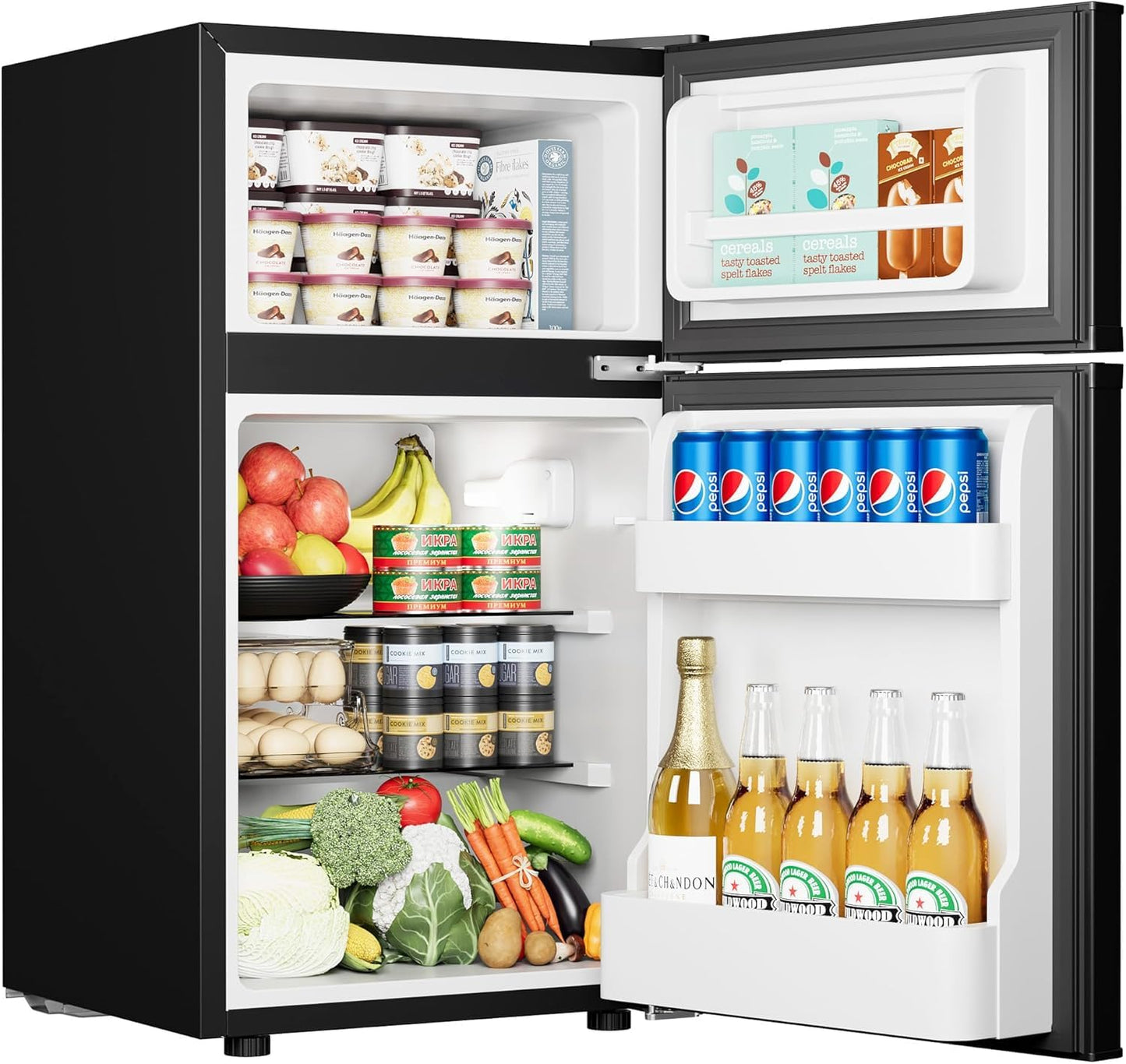 EUHOMY 3.2 Cu.Ft. Refrigerator with Freezer, 2 Door Fridge, Adjustable Thermostat，Large Capacity, Refrigerator for Kitchen/Dorm/Office/Apartment - Food Storage or Cooling drinks, Black