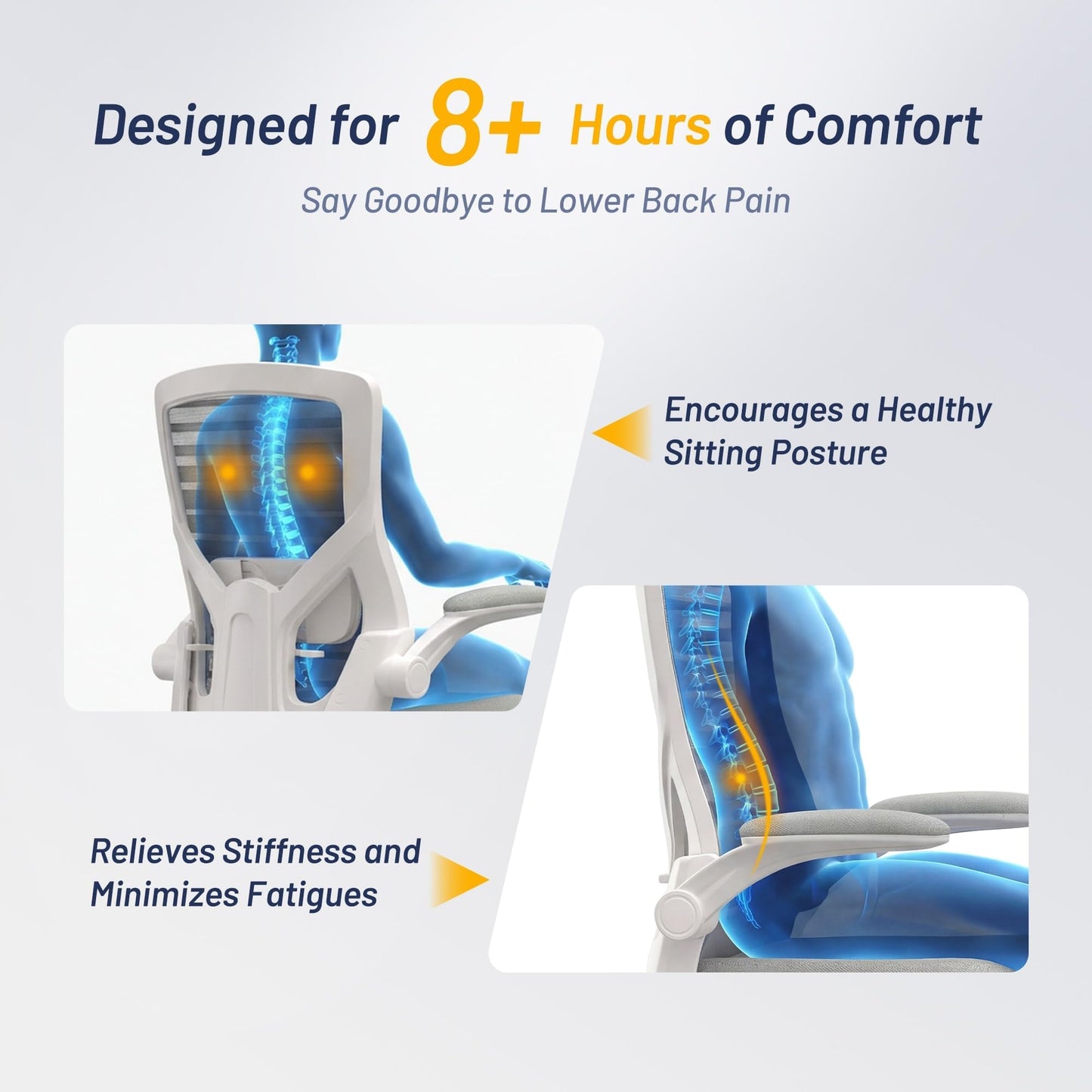 QLTPLUS Office Chair for Long Hours & Lower Back Pain Relief – 4" Thick Molded Foam Cushion, Enhanced Lumbar Support, Flip-up Armrests, Light Gray