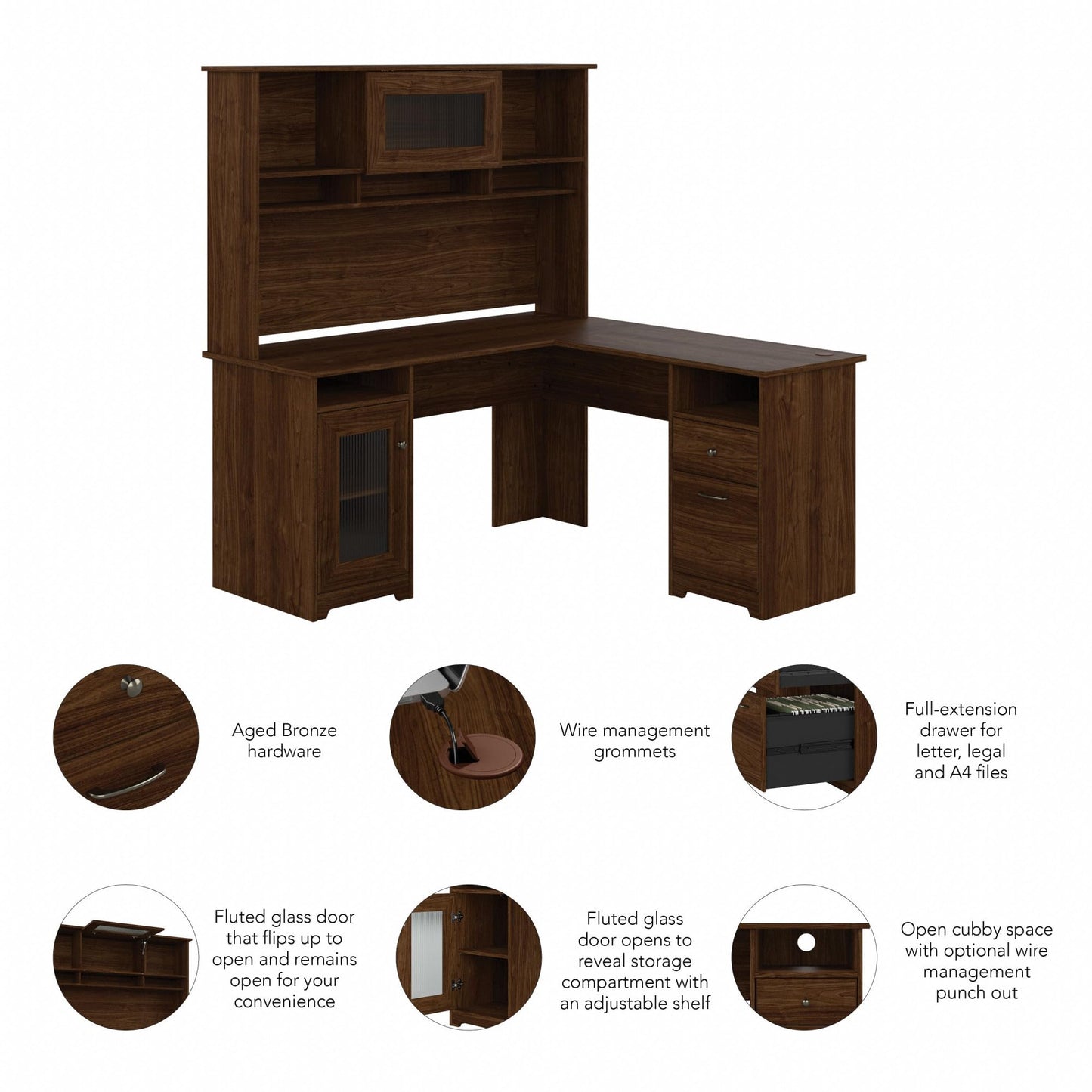Bush Home Cabot L Shaped Desk with Hutch, Corner Desk with Storage for Home Office in Modern Walnut, 60W L Shaped Computer Desk