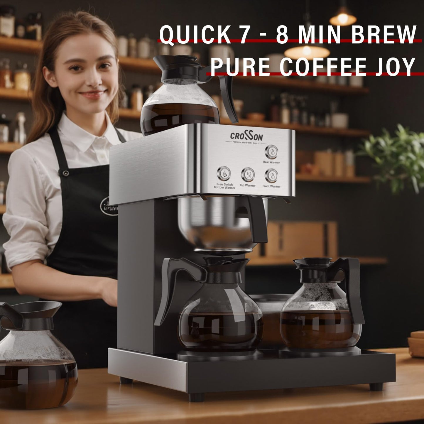 crosson 12 Cup Commercial Coffee Brewer with 4 Warmers & 4 Glass Decanter,Pour Over Drip Coffee Maker with Stainless Steel Housing and 304 SS Funnel