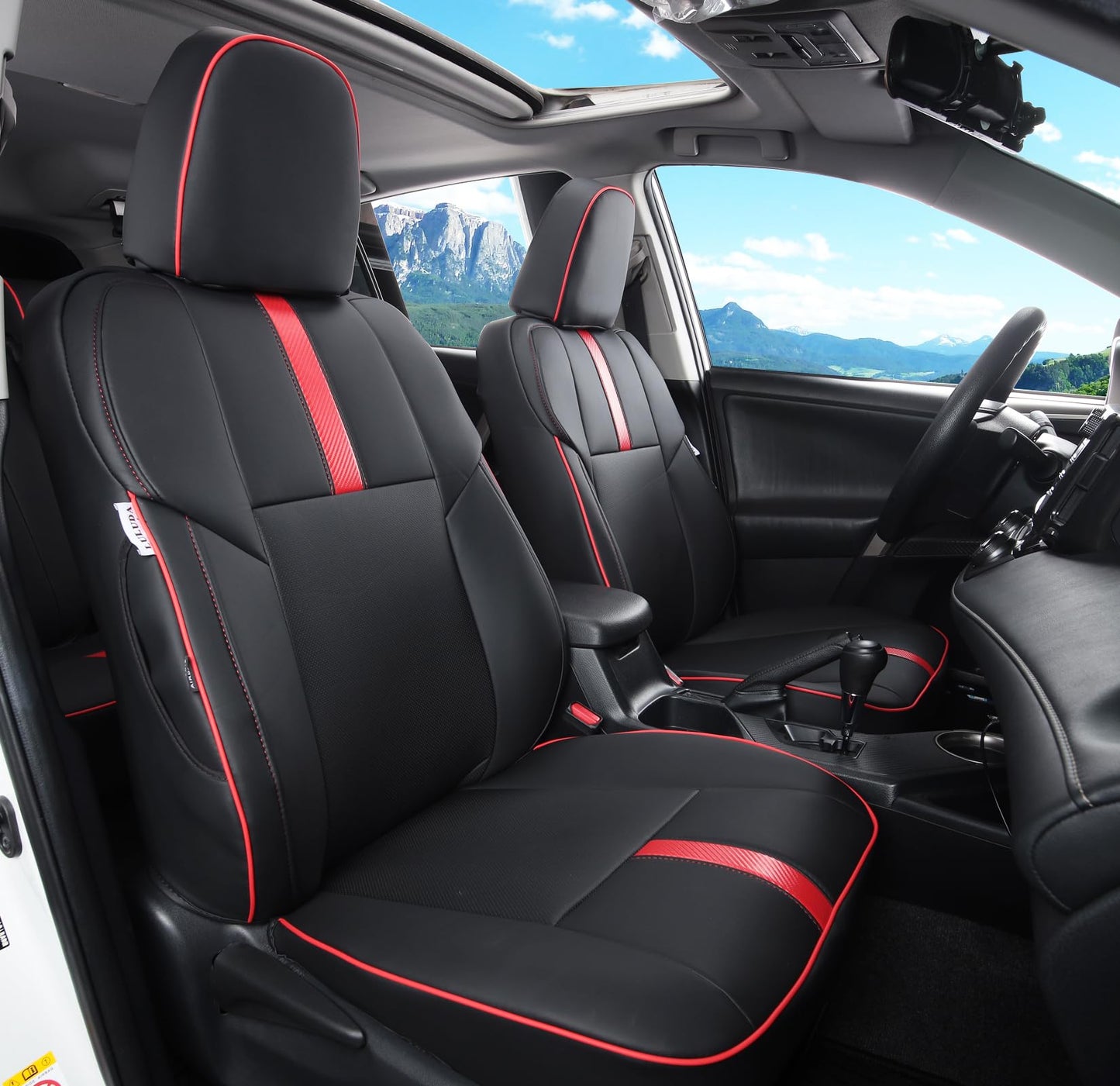 LuLuDa Custom Fit Car Seat Cover for Toyota RAV4 2013 2014 2015 2016 2017 2018 Waterproof Faux Leather (Black with Red Trim, LU2013-2018 RAV4)