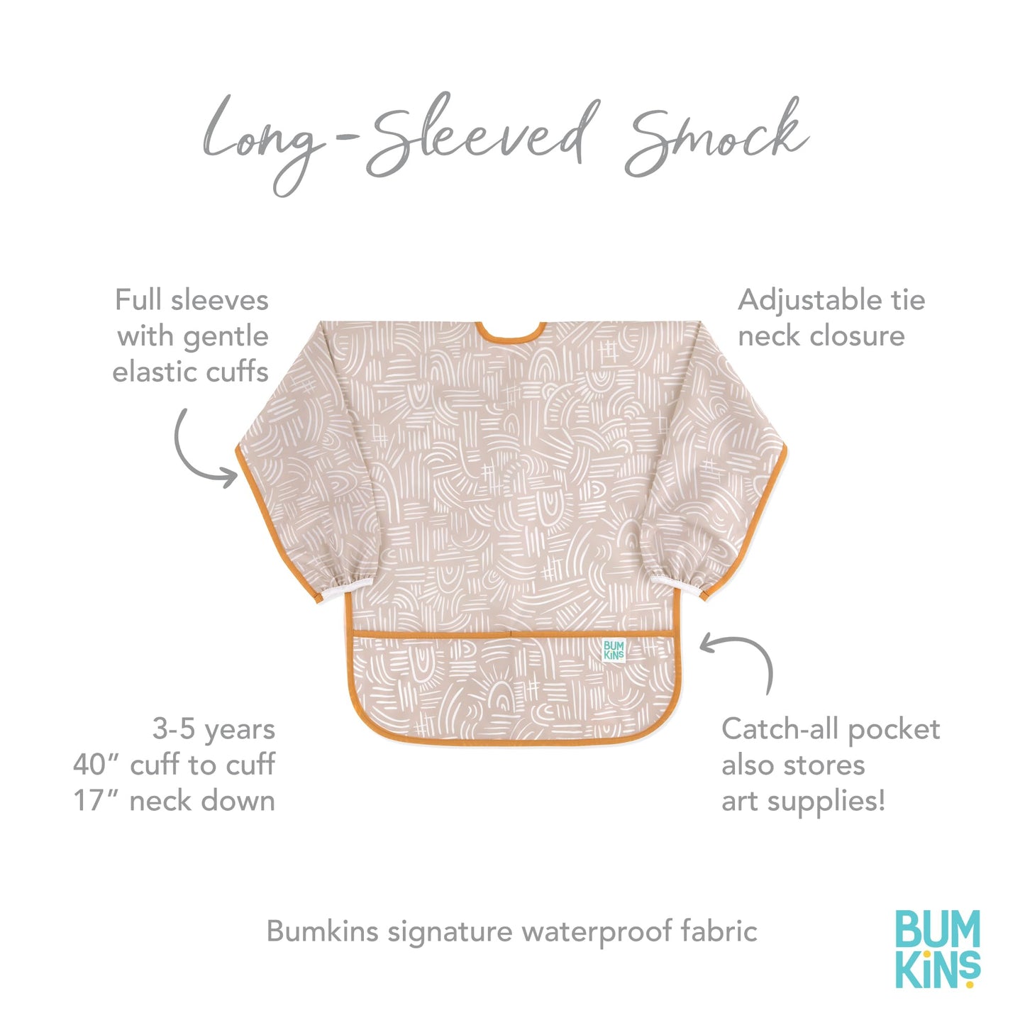 Bumkins Sleeved Smock, Toddler Reusable Waterproof Bib for Girls and Boys Ages 3-5 Years, Long Sleeve Childrens, Kids Paint Apron, Arts, Crafts and Play with Pocket, Soft Fabric, Boho Beige