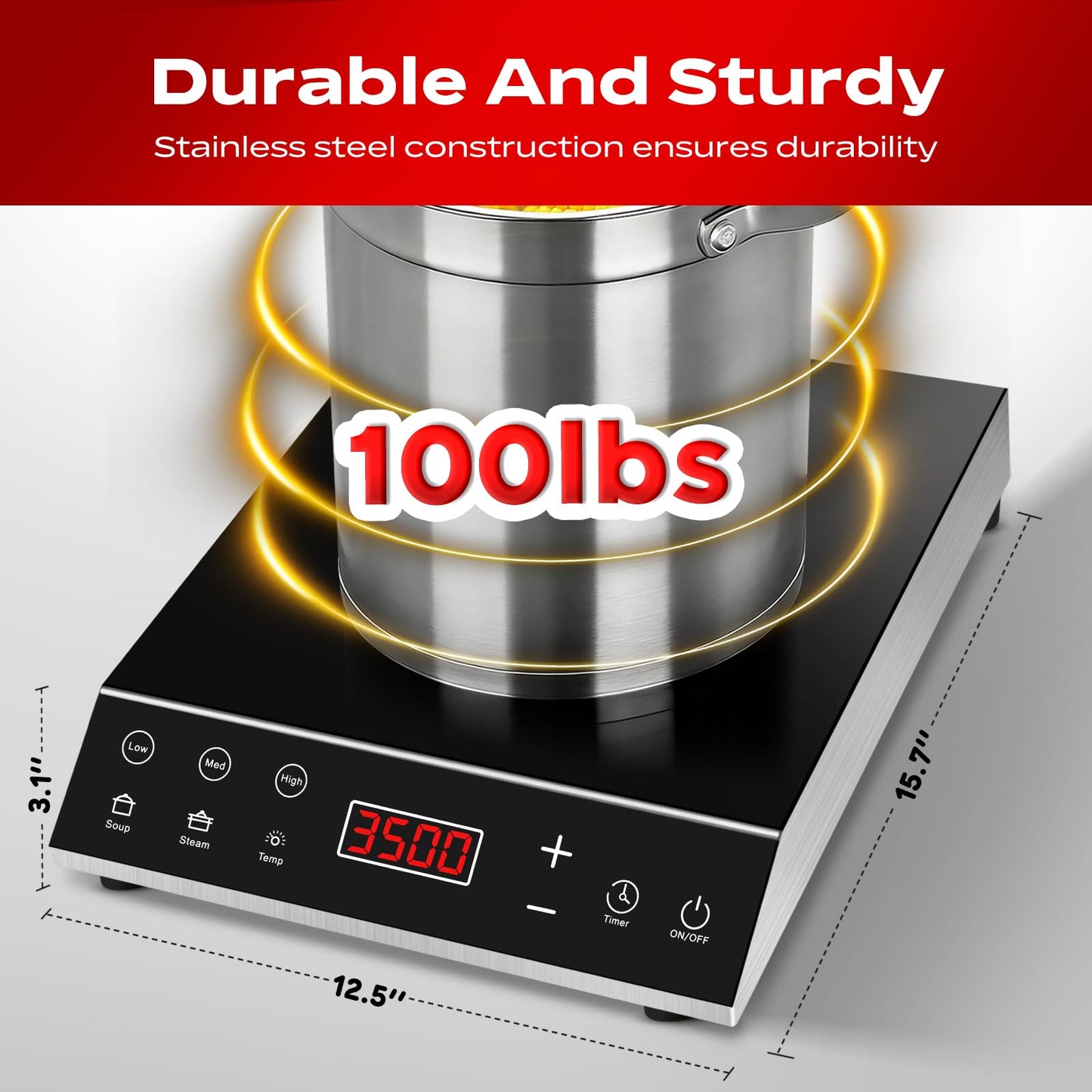 3500W Commercial Induction Cooktop, 220V Countertop Burner with 10 Power Levels, 5 Quick-Temp Modes, Timer & LED Display, Portable Induction Hot Plate for Restaurant Kitchen Hotel Catering