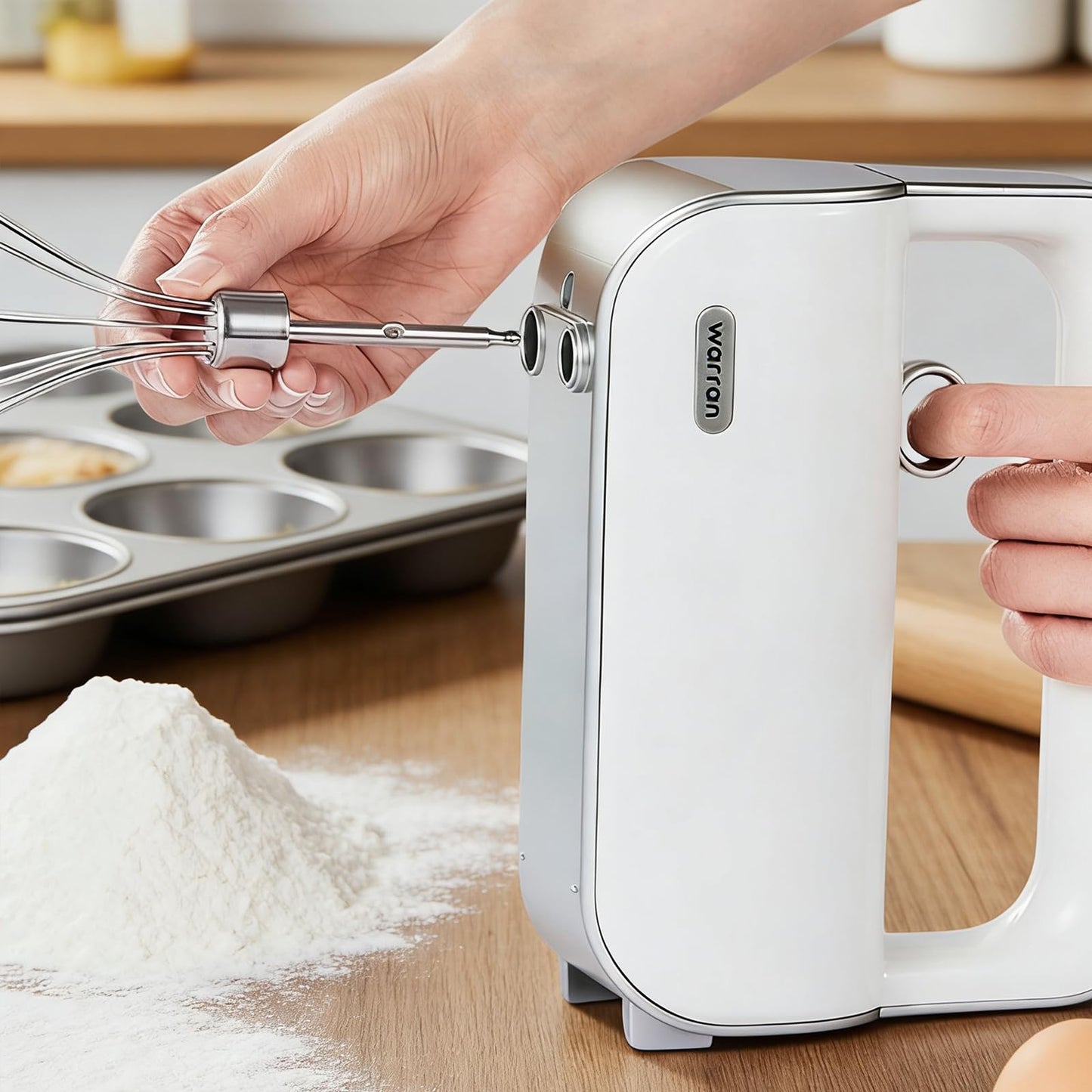 warran Master 5-Speed Electric Hand Mixer with Turbo Boost, Stainless Steel Whisk, Beaters, Dough Hooks & Milk Frother, Lightweight Handheld Mixer for Baking & Coffee, Light Olive Green