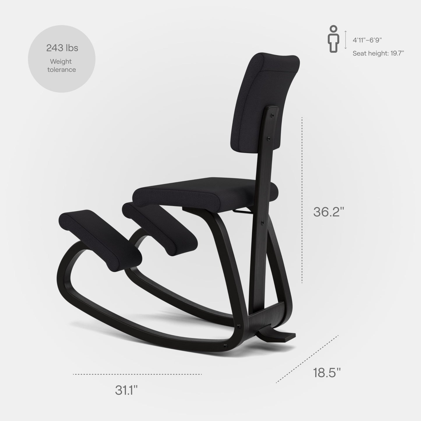 Varier Variable Plus Ergonomic Kneeling Chair with Backrest Black/Black| Active Sitting Posture Support Home Office Desk Chair | 10 Year Guarantee