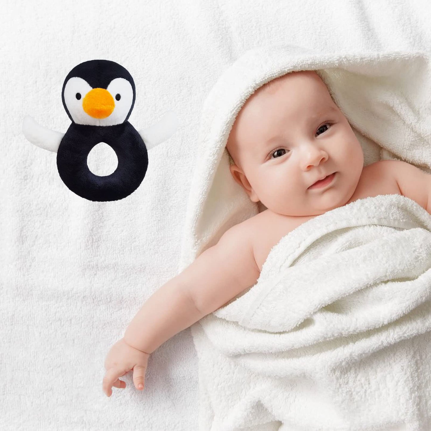 Doindute Baby Penguin Soft Rattle Toy, Penguin Plush Infant Shaker Rattle Easy-Grasp Stuffed Animal Toy, Gifts for Newborns Babies Toddlers Boys Girls, Black&White, 5 Inches