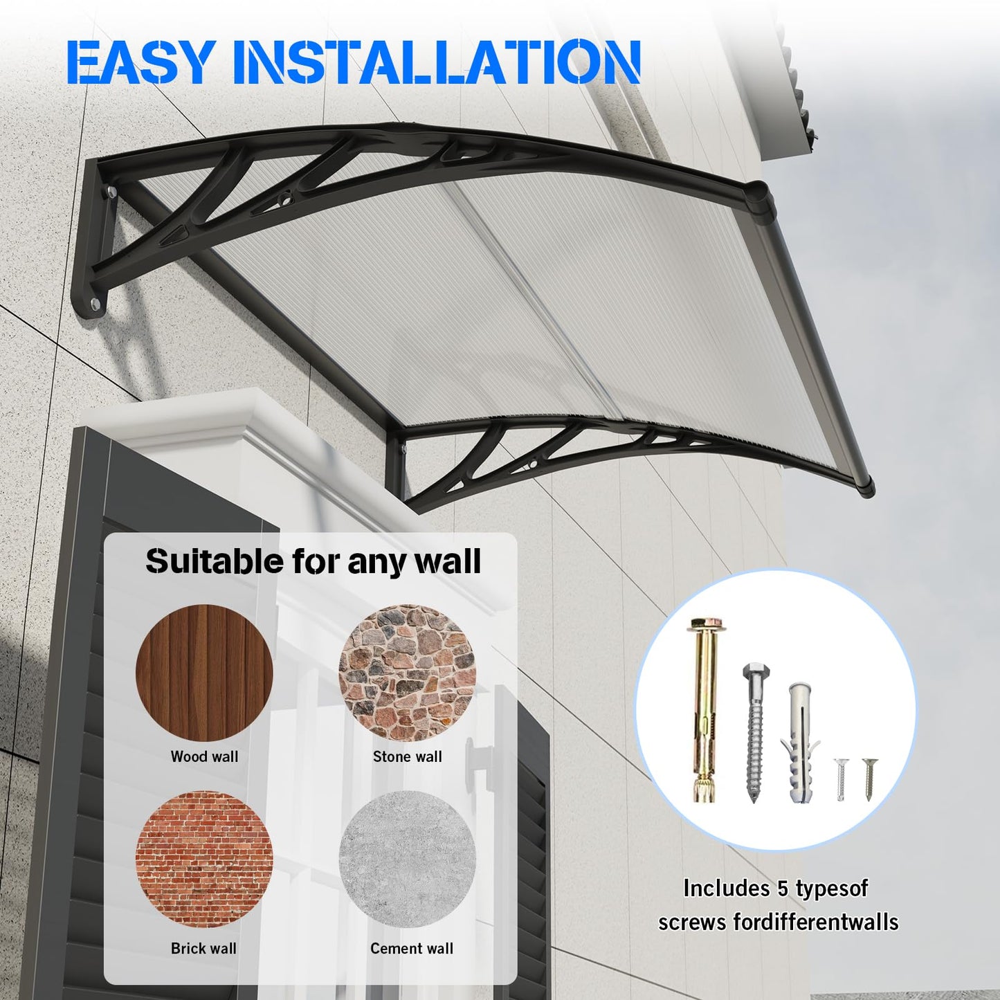 Awning for Door Entrance,40X120 Inches Awnings for Doors,Window Awning Canopy Exterior with Plastic Steel Bracket,Polycarbonate Cover,UV,Rain,Snow Protection for Porch,Patio,Deck