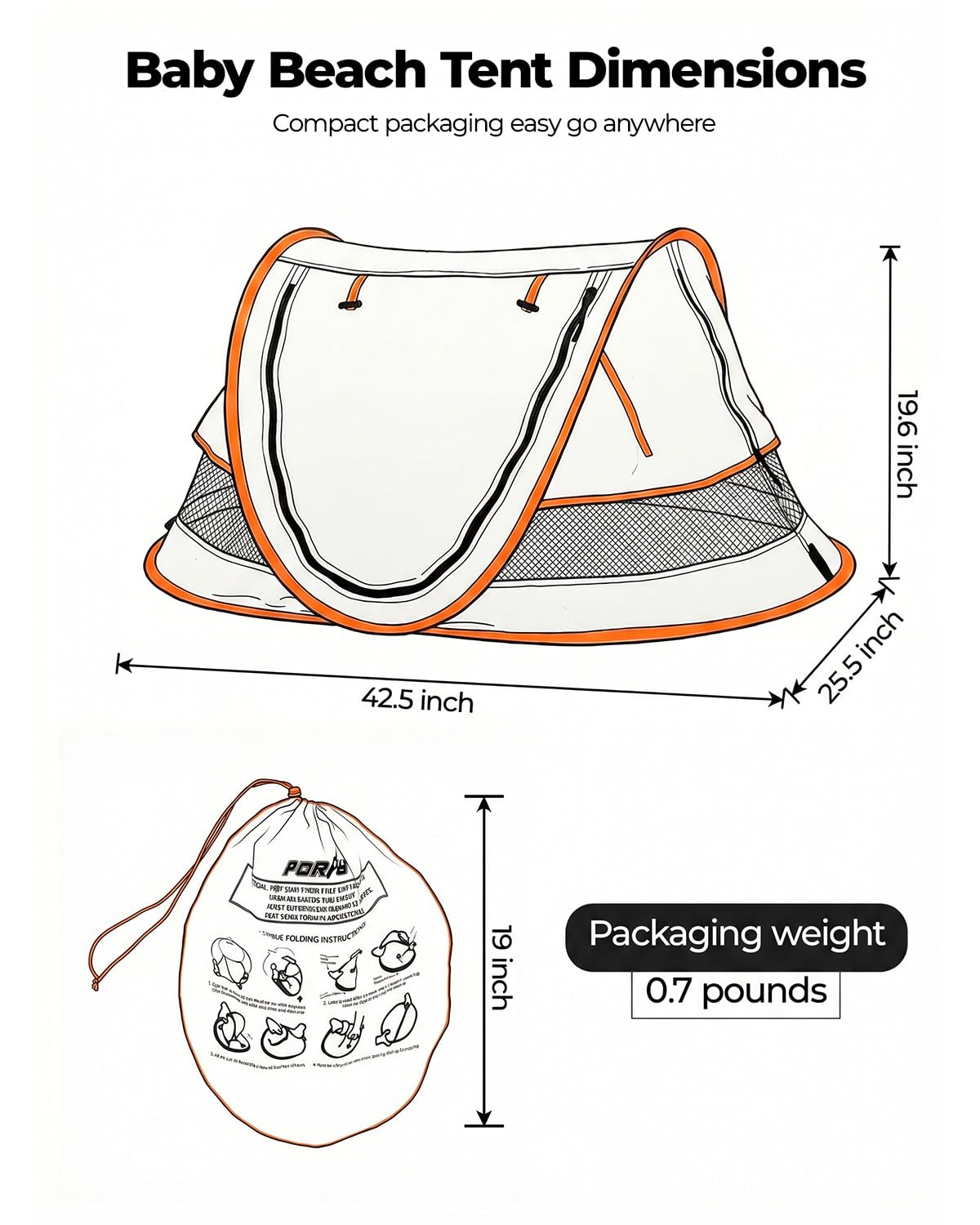 Poray Portable Baby Beach Tent with UPF 50+ Sun Shelter,Mosquito Net and Sunshade, Ideal Pop Up Kids Travel Tent with Carry Bag & 2 Stakes,Outdoor Indoor Play and Sun Protection