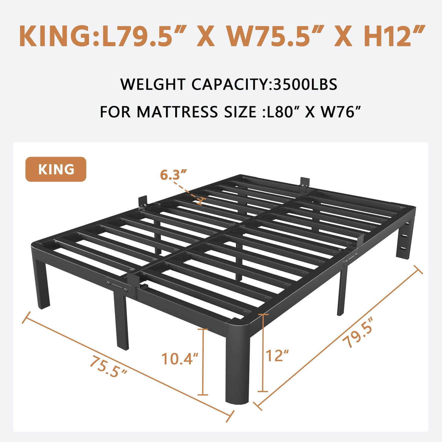 KZZLOL Black King Size Bed Frame 12 Inch, Metal King Bed Frame No Box Spring Needed, DIY Headboard Holes, Heavy Duty Steel Support 3500 LBS, Noiseless, Round Corner Leg, Storage Space, Easy Assembly