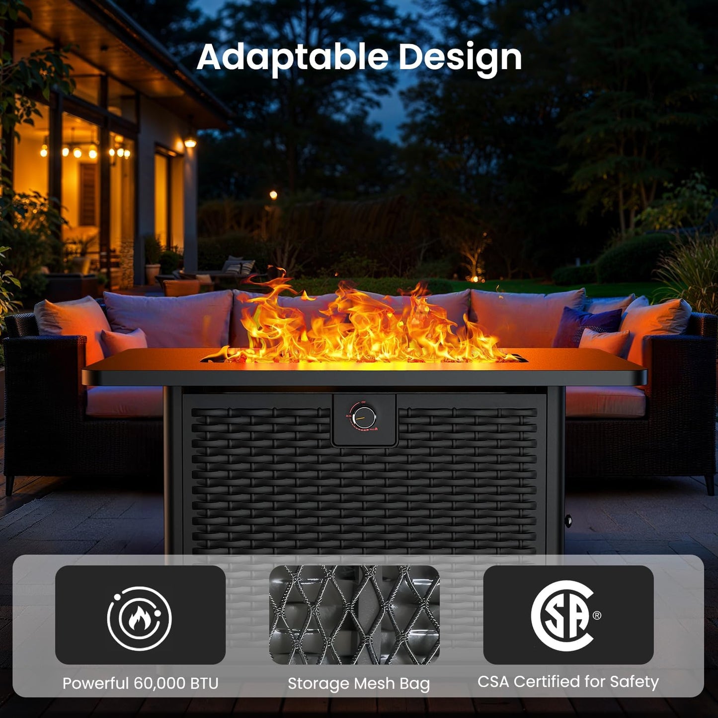 Ciays 43-Inch Rectangular Propane Fire Pit Table - 60,000 BTU, CSA-Certified 2-in-1 Design, 304 Stainless Steel H-Burner, Included Cover & Lava Rocks - Ideal for Gatherings & Parties