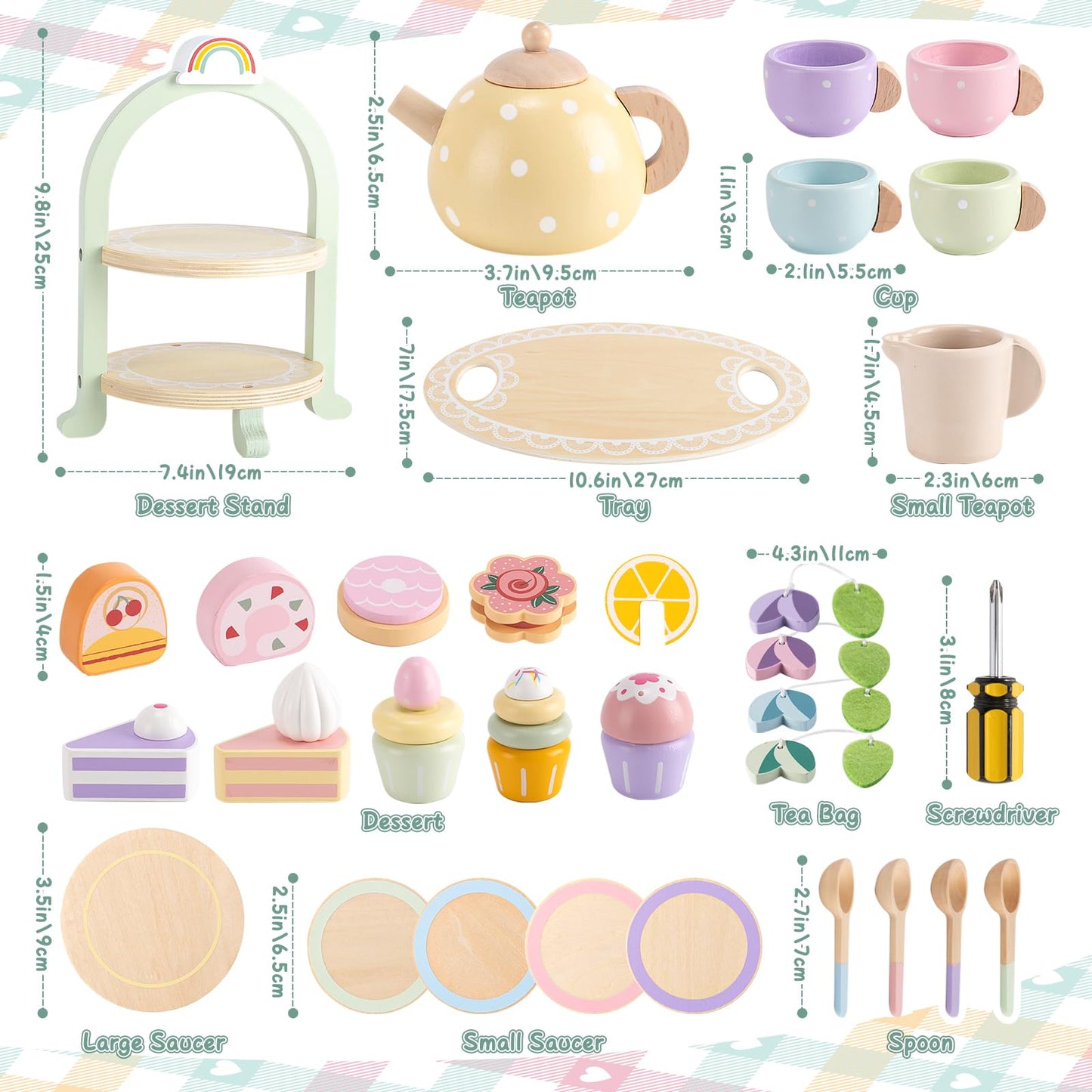 Lonico Wooden Tea Party Set for Little Girls Toddler Tea Set with Cupcake Stand & Food Dessert, Play Kitchen Accessories for Toddlers 2 3 4 5 6 Years Old, Wooden Toys Birthday Kids Girls Gifts 3-6