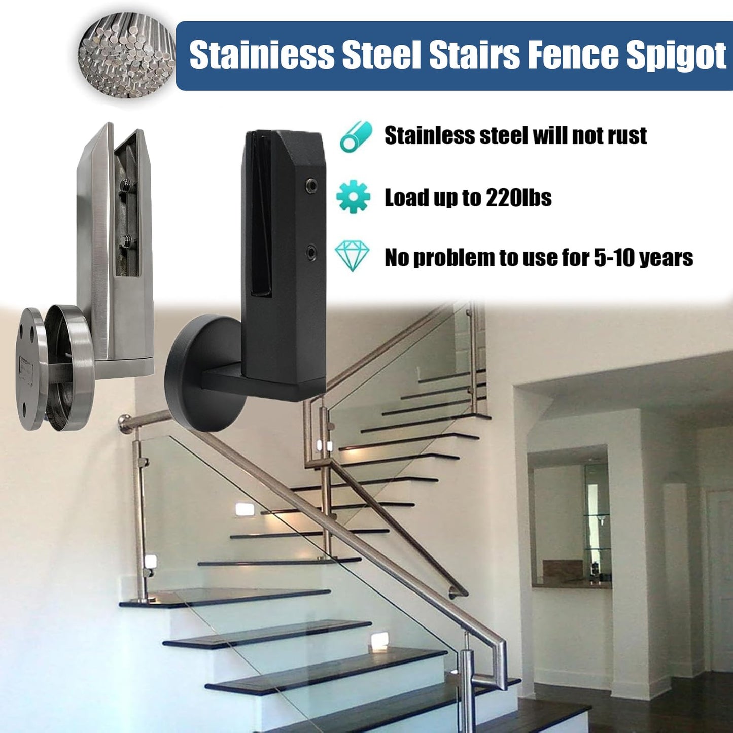 Heavy-Duty 304 Stainless Steel Side-Mount Glass Spigot Brackets - Compatible with 10-12.7mm (3/8"–1/2") Panels for Pool Fences, Balconies & Stairs,Black,4 Pack
