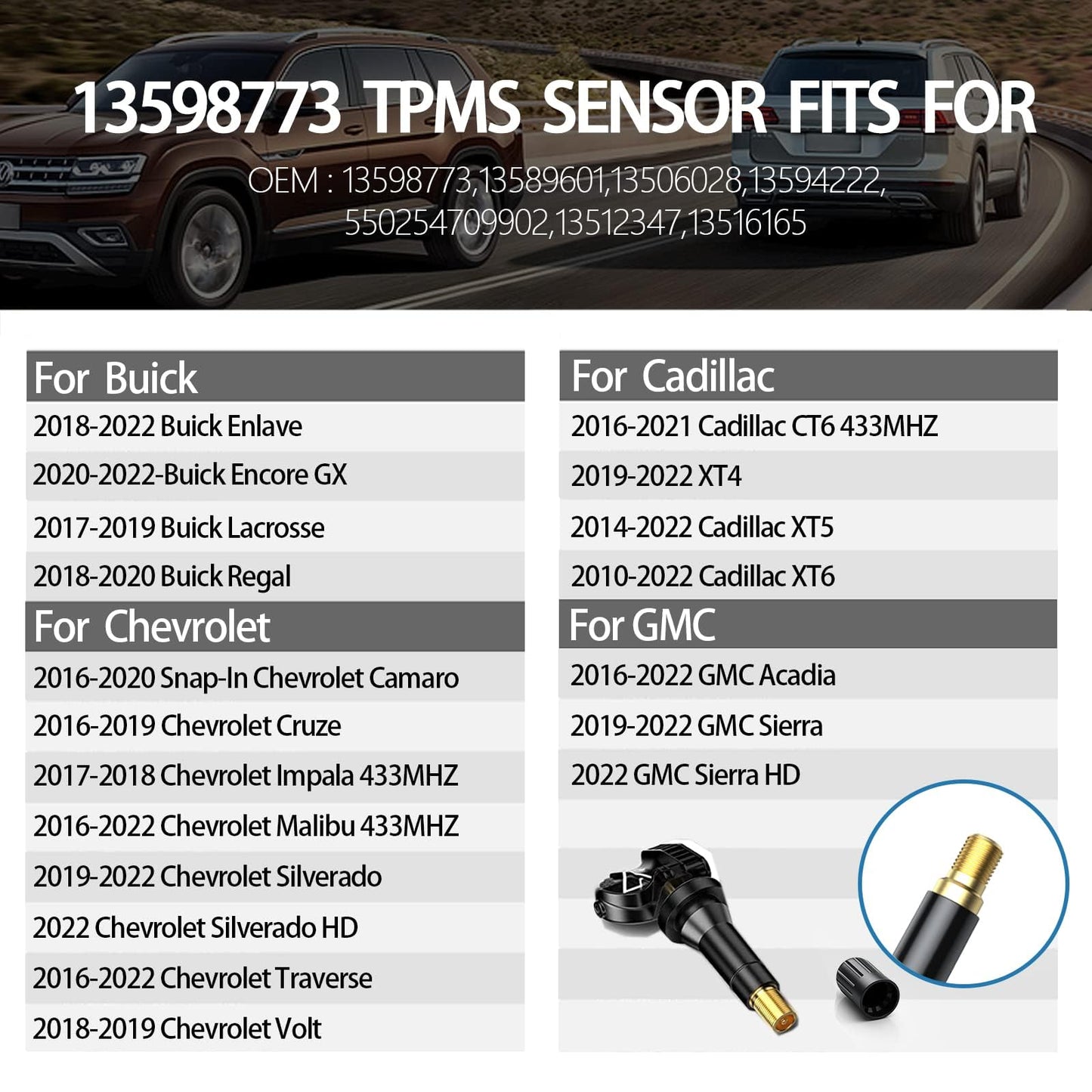 GEARMEISTER Tpms Sensor, 433MHZ Tire Pressure Sensor for Chevrolet/Buick/Cadillac/GMC Acadia Sierra 2016-2022, Pre-Programmed TPMS Sensors 13598773 13589601 13506028 13594222 4 PCS