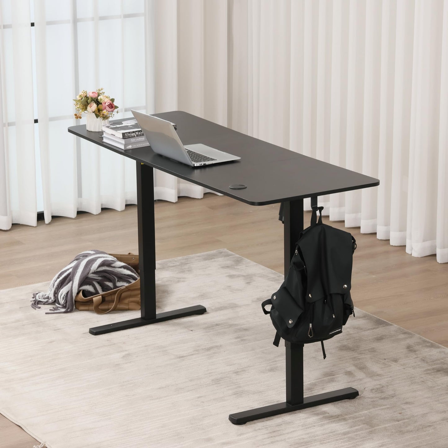Hexago 63 x 24 Inch Electric Standing Desk, Height Adjustable Sit Stand Desk with Splice Board, 3 Memory Presets, Dual Hooks, Sturdy T-Leg Frame – Black