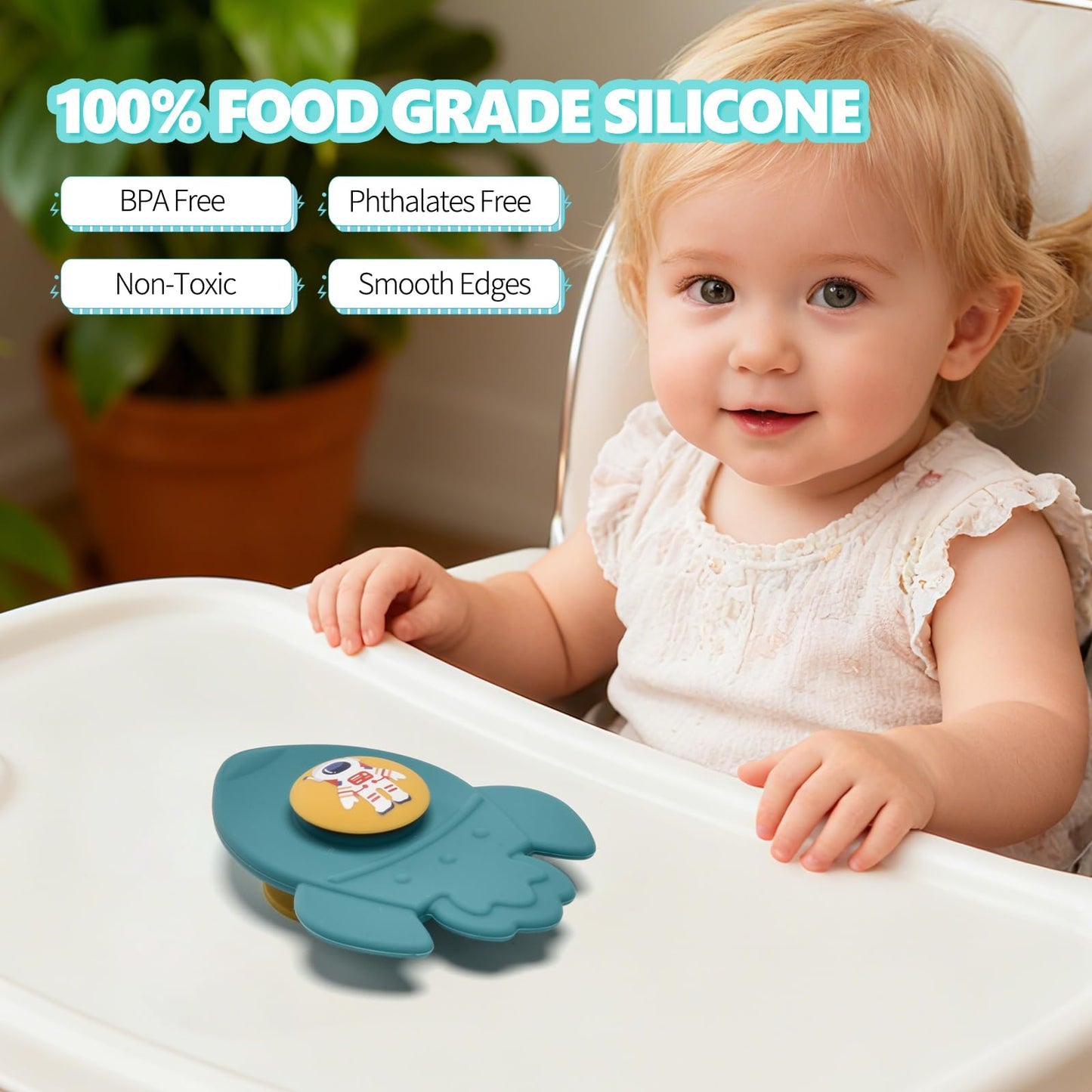 Silicone Suction Cup Spinner Toy for Babies&Toddlers – Food-Grade Safe & Fun Sensory Toy for Teething & Play – Perfect Baby Bath, High Chair & Travel Toy (Yellow+Green+Blue-Space)
