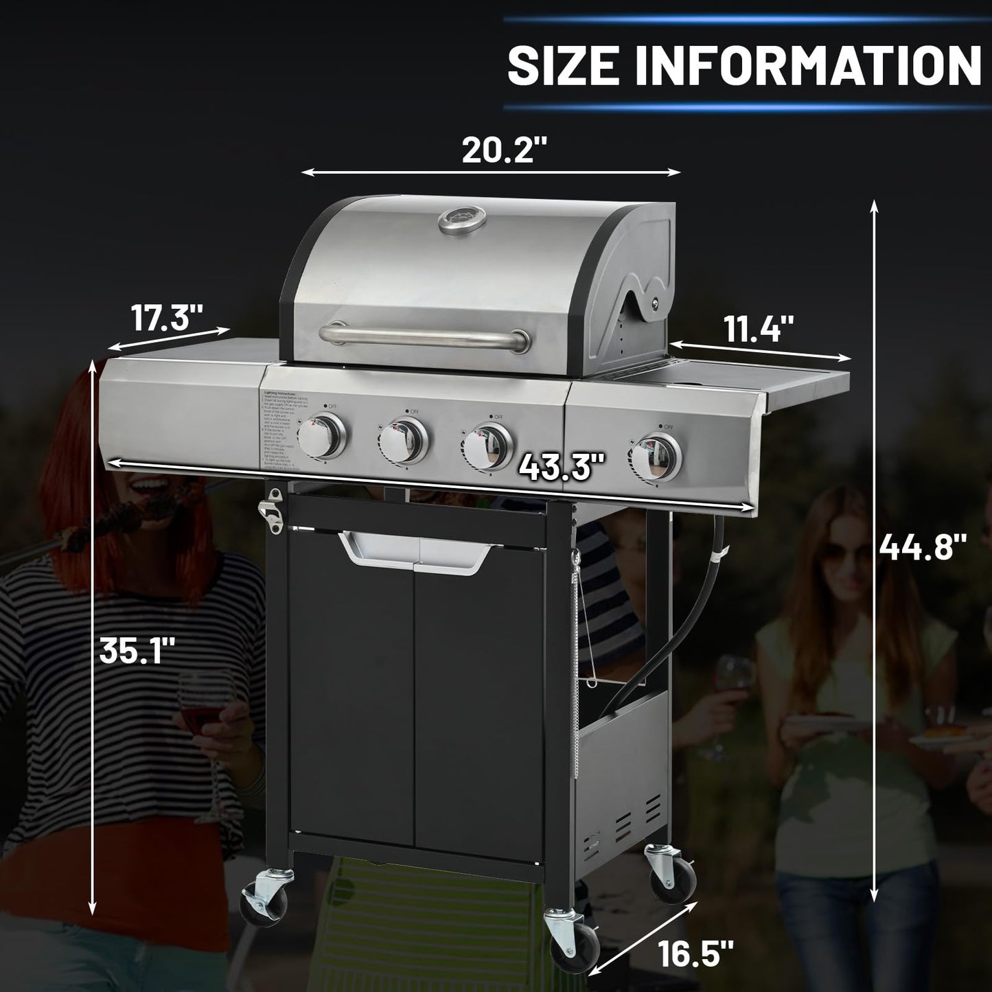 3+1 Burner Propane Gas Grill, 40,500 BTU Stainless Steel BBQ Grill with Side Burner for Outdoor Backyard, Camping, Patio, and Tailgating (3+1 burner)