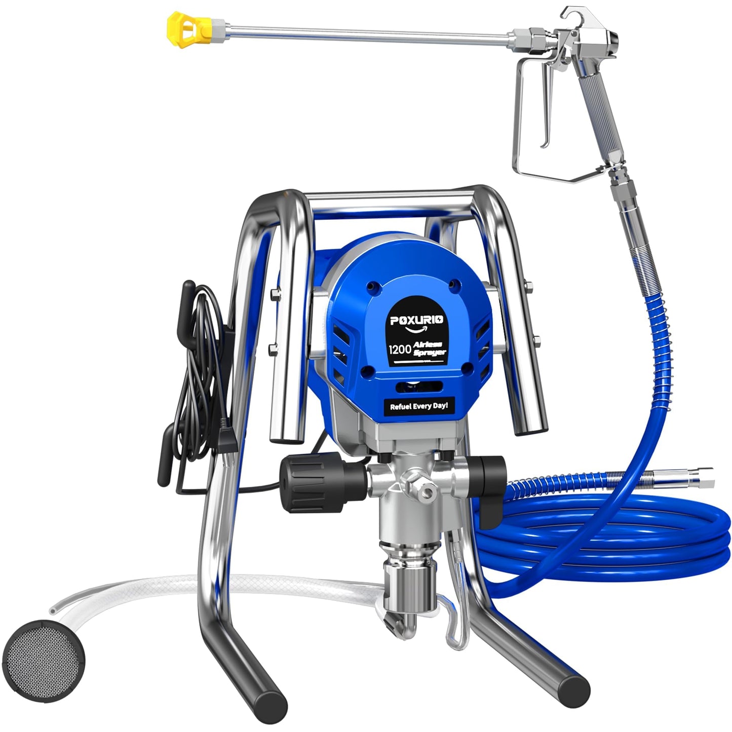 POXURIO 1200W Airless Paint Sprayer, 3300PSI High Efficiency Electric Paint Sprayer with Extension Rod, Thinning-Free Stand Airless Sprayer for Home Exterior and Interior, Garage, Deck, Furniture