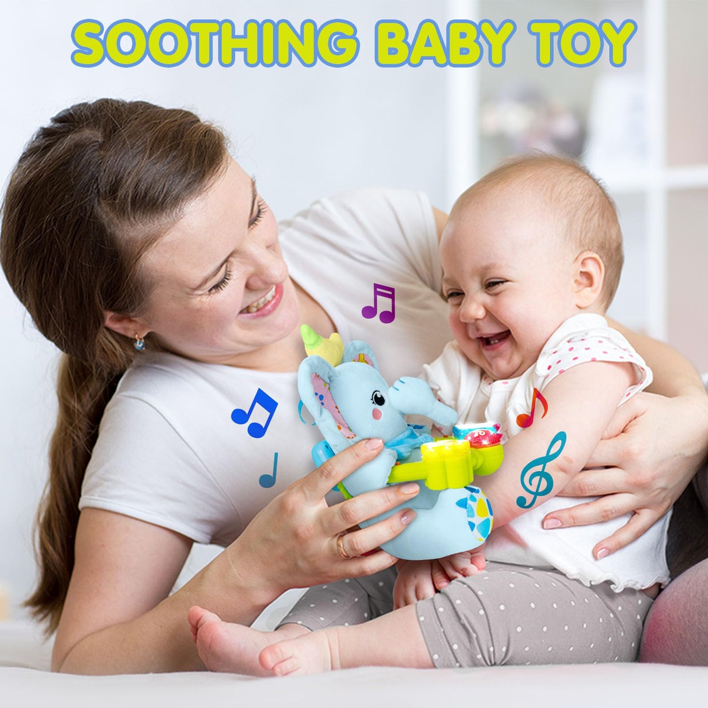 Ryotagift Baby Bilingual Musical Elephant Stuffed Animals Toys,Infant Early Learning Toy with Light-Up Music & Crinkle,Tummy Time Toys for 0 3 6 9 12+ Months for Baby Boy Girl Gift,Blue