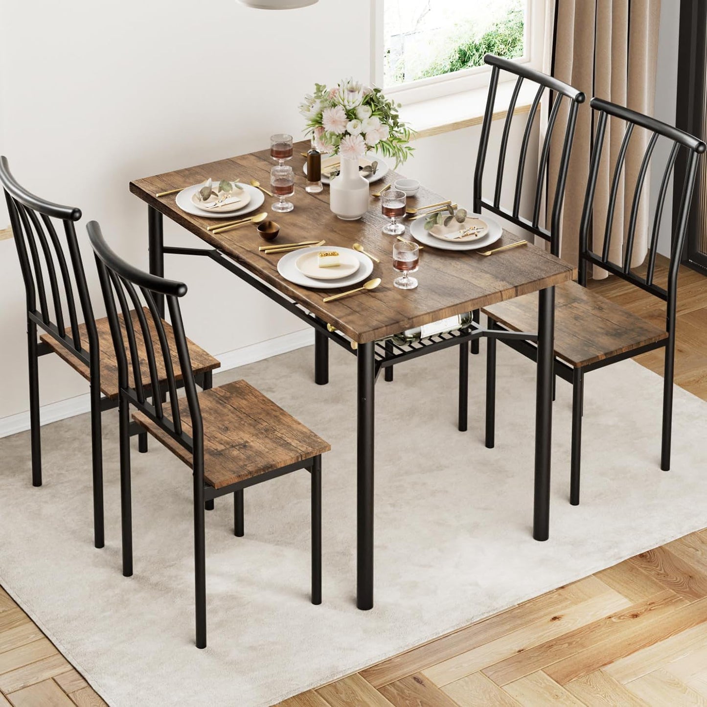 Garvee Farmhouse 5-Piece Dining Table Set for 4, Rectangular Kitchen Table with 4 Chairs, Wood Dining Set with Storage Shelf for Dining Room, Kitchen, and Small Spaces, Brown