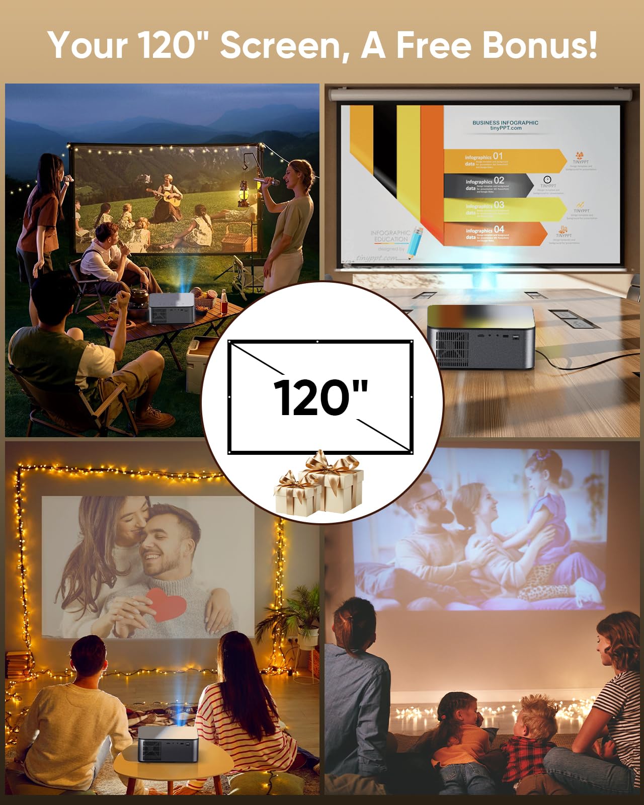 4K Decoding Outdoor Projector Compatible with Netflix [2000 ANSI/AI Auto Focus] Smart Movie Projector with Wifi and Bluetooth, 20W Dolby Audio|Dust-Proof|Built-in Apps|HDR10 Projector with 120" Screen