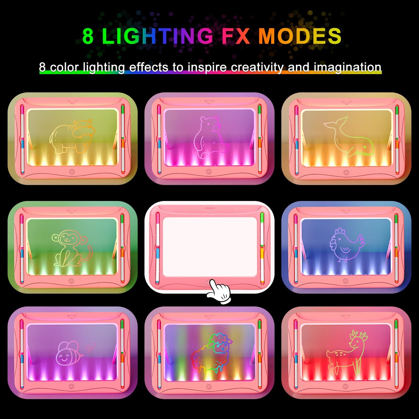 Magic LED Drawing Board for Kids, Girl Toys for Ages 5-7, Christmas Birthday Gifts, Light Up Tracing Pad, 9 Double-Sided Cards, 6 Markers, Neon Effect Doodle Writing Tablet, Arts Crafts Learning Toy