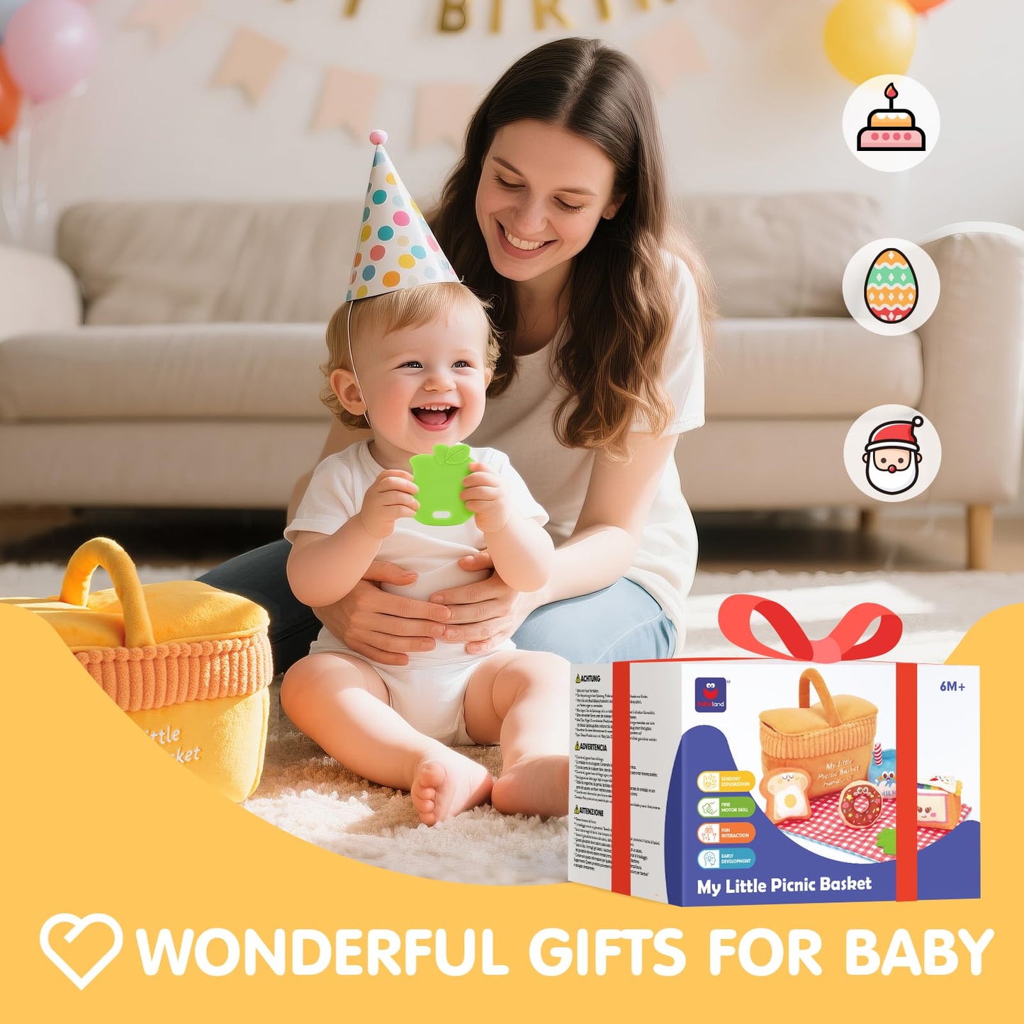 Hahaland Baby Toys 6-12 Months – Picnic Basket Sensory Toy with Crinkle, Rattles, Teether & Mirror, Montessori Play Food Plush for Early Development, Christmas Gifts for 1+ Years Boys & Girls