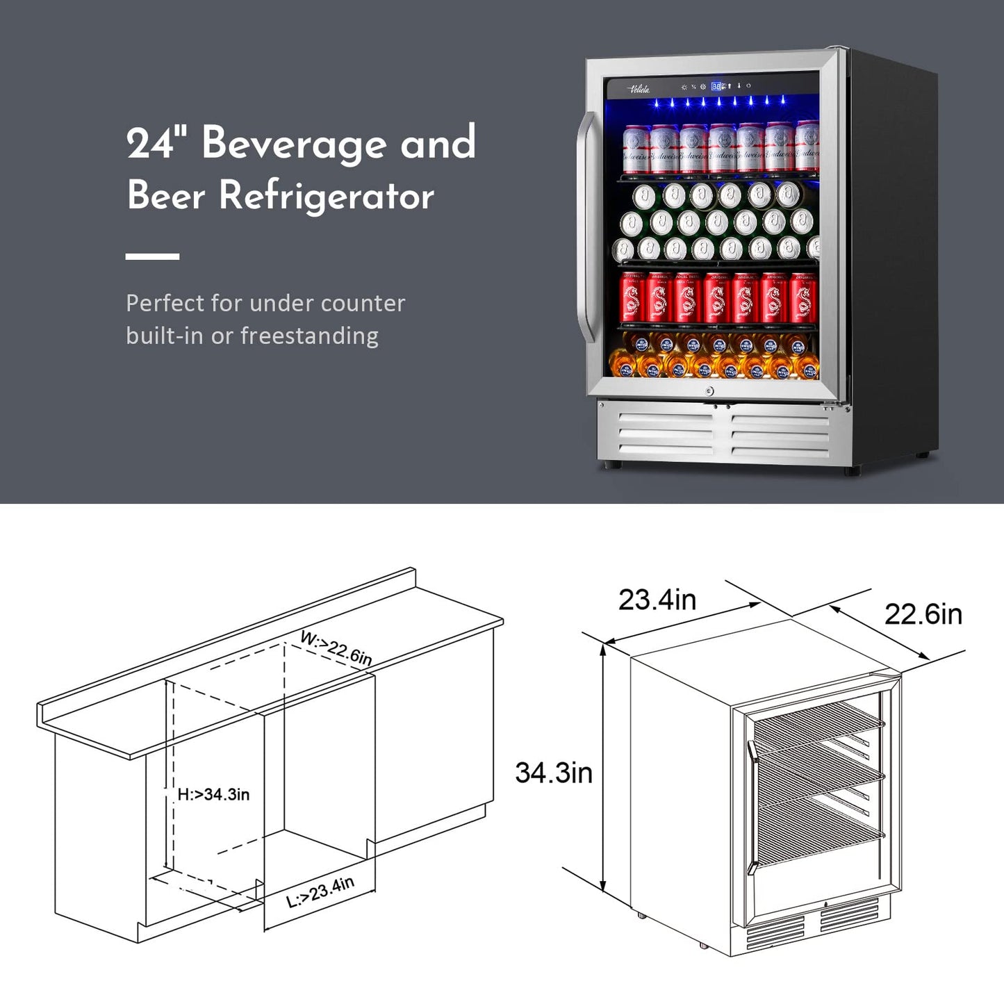 Velieta 24 Inch Beverage Refrigerator Cooler,210 Cans Wide Beverage and Beer Fridge with Glass Door and Powerful Cooling Compressor, Built-in/Freestanding Drink Fridge for Kitchen, Bar or Office