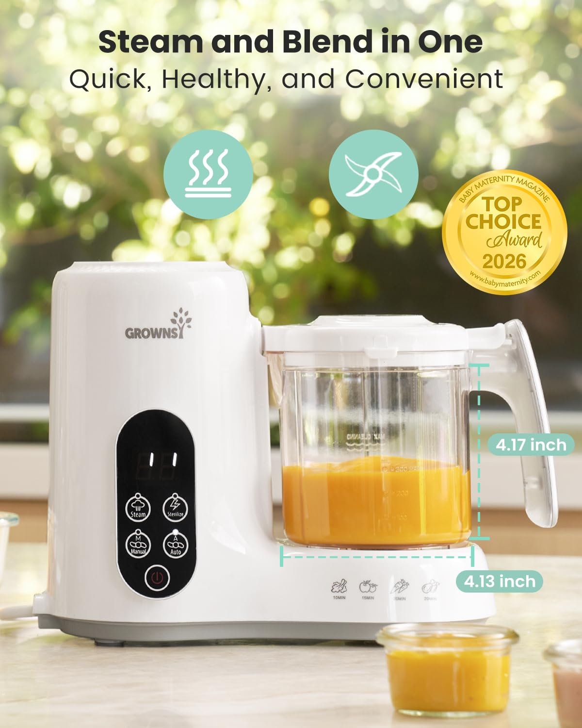 Grownsy Baby Food Maker with Steam Basket, One Step Baby Food Processor Steamer Puree Blender Grinder Mills Machine, Auto Cooking Grinding and Sterili-zing for Healthy Homemade Baby Food, BPA-Free