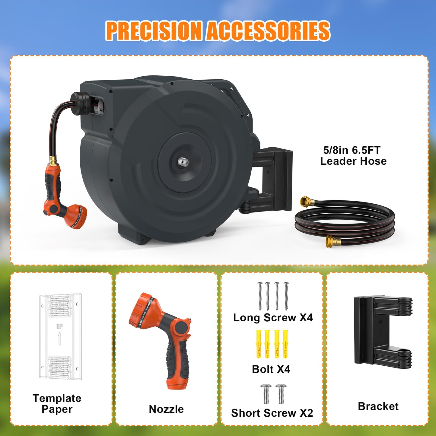 NEOTEC Retractable Garden Hose Reel 1/2 inch x 150ft - Wall Mounted Heavy Duty Hose Reel with 3/4 Inch Brass Fittings & 9-Pattern Nozzle - Auto Rewind System, Any Length Lock, 180° Swivel Bracket