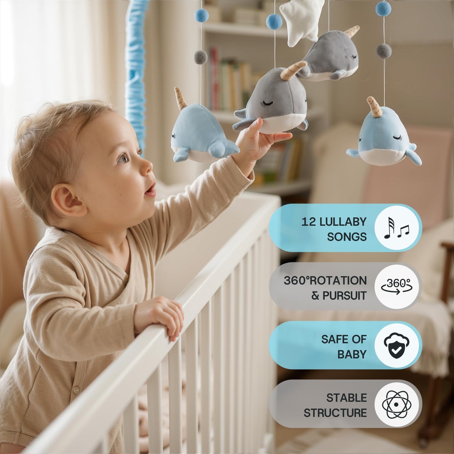Crib Mobile for Boys and Girls, Whale Mobile Set with Mobile Arm and 12 Lullabies for Baby, Ocean Animal Nursery Decor, Bedside Bassinet Hanging Toys with Music (Narwhal)
