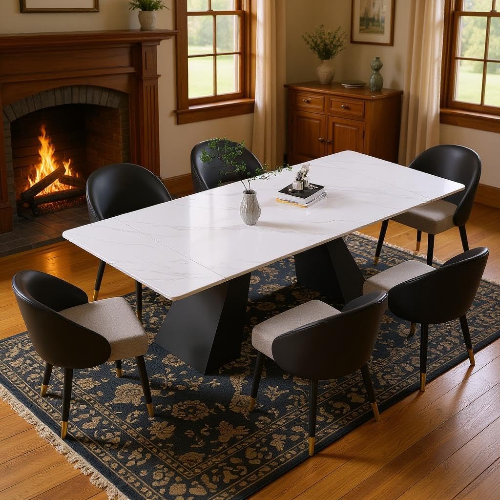 62.9" to 94" Modern Sintered Stone Luxury Rectangular Dining Table for 6-8 People, White Top with Black Base, Contemporary Style for Living Room